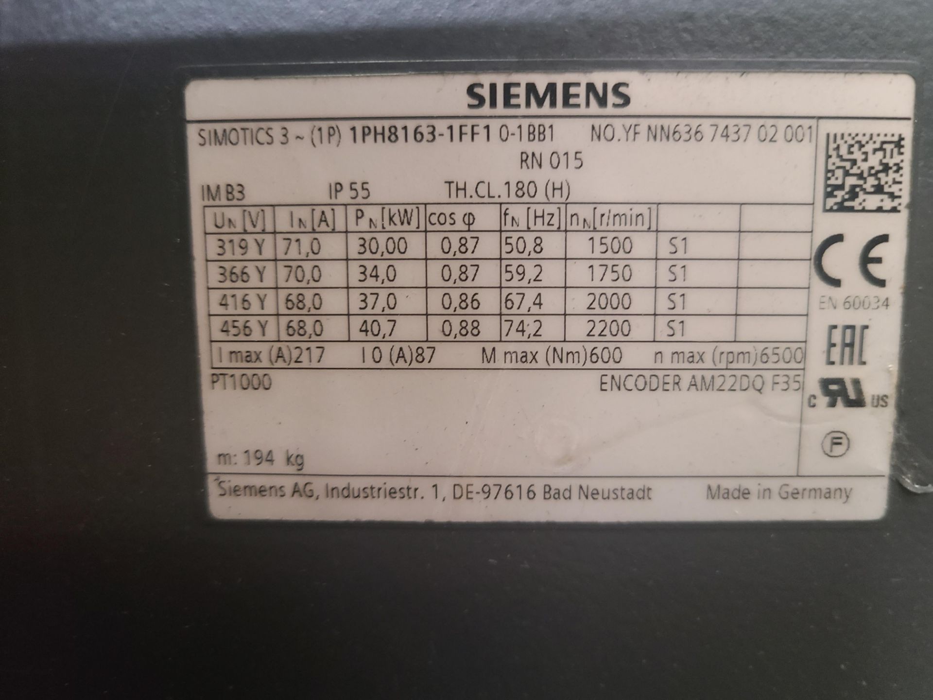 SIEMENS SIMOTICS 3 MAIN MOTOR (IP) 1PH8163-1FF1 0-1BB1 - Image 2 of 4