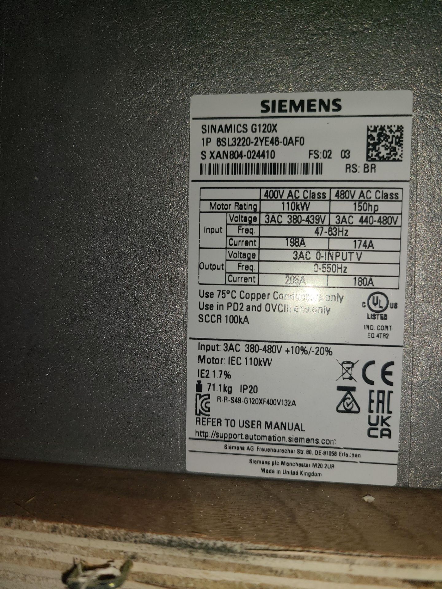 SIEMENS SINAMICS G120X FREQUENCY CONVERTER - IP65L3220-2YE46-0AF0 WITH SIEMENS POWER MODULE PM240- - Image 7 of 8
