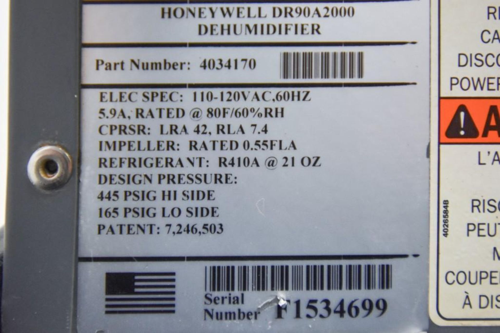 Honey Well DR90 Dehumidifier 2000 - Image 3 of 3