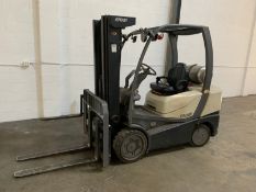 **5,000 LB. CROWN MODEL C-5 SOLID TIRE LP GAS LIFT TRUCK; S/N 9A171645, 3-STAGE MAST, 83" MAST