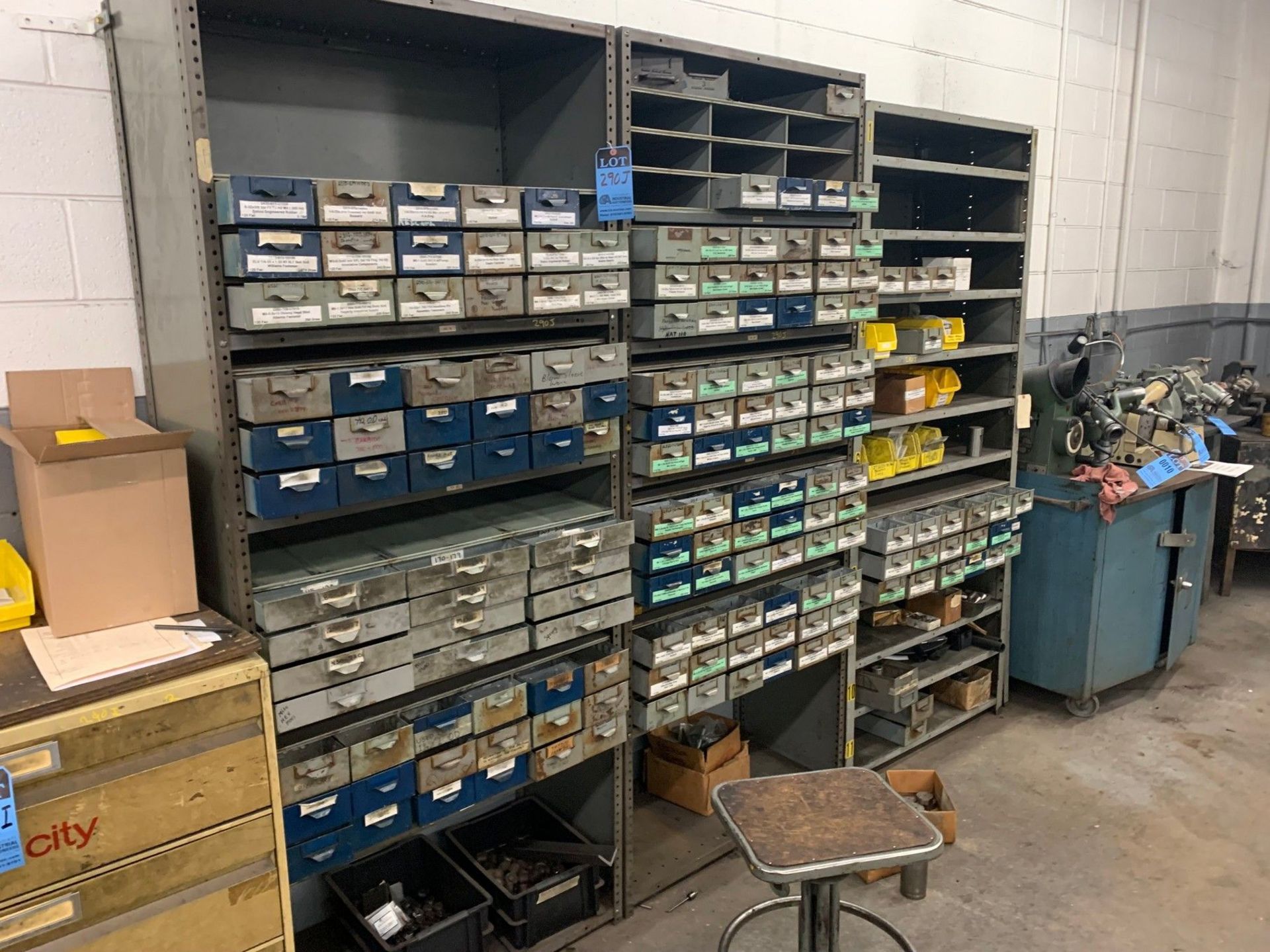 STEEL SHELVES WITH DRAWERS WITH TOOLING *LOCATED IN MACHINE SHOP*