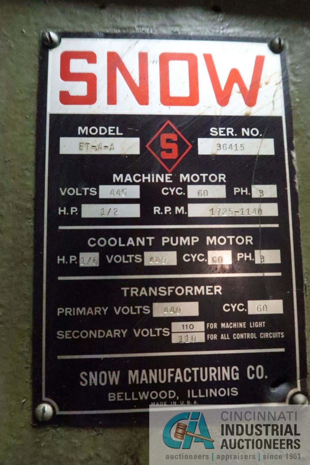 **1/2 HP SNOW MODEL ET-4-A 8-SPEED PNEUMATIC TAPPING MACHINE; S/N 36415, SPINDLE SPEED 200-850 *** - Image 5 of 5
