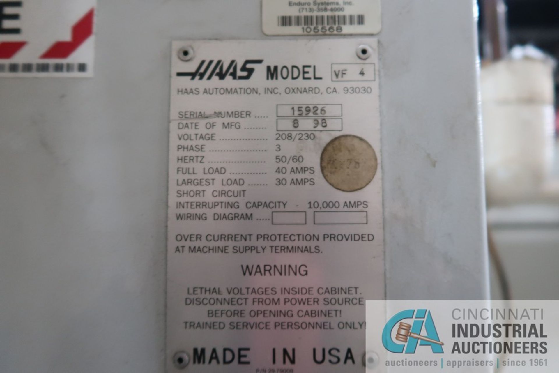 1998 HAAS MODEL VF-4 CNC VERTICAL MACHINING CENTER; S/N 15926 - Image 10 of 10