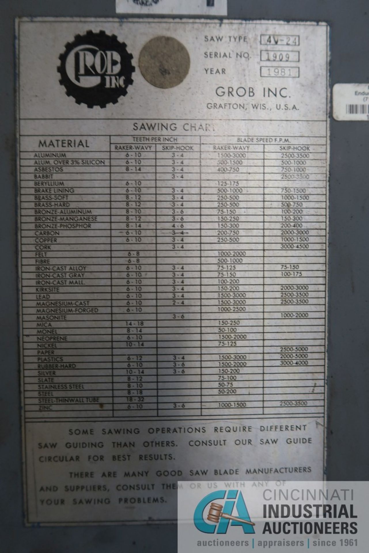 24" GROB MODEL 4V-24 VERTICAL BAND SAW; S/N 1909, W/ GROB MODEL RW-A BLADE WELDER - Image 13 of 13