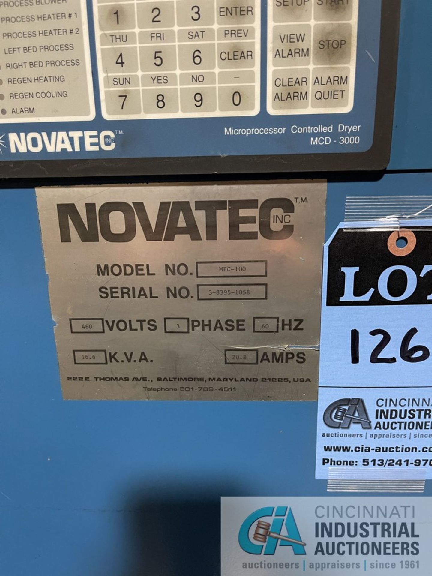 NOVATEC MODEL MPC-100 DESICCANT DRYER; S/N 3-8395-1058, MICROPROCESSOR CONTROL WITH 400 LB. CAPACITY - Image 3 of 5