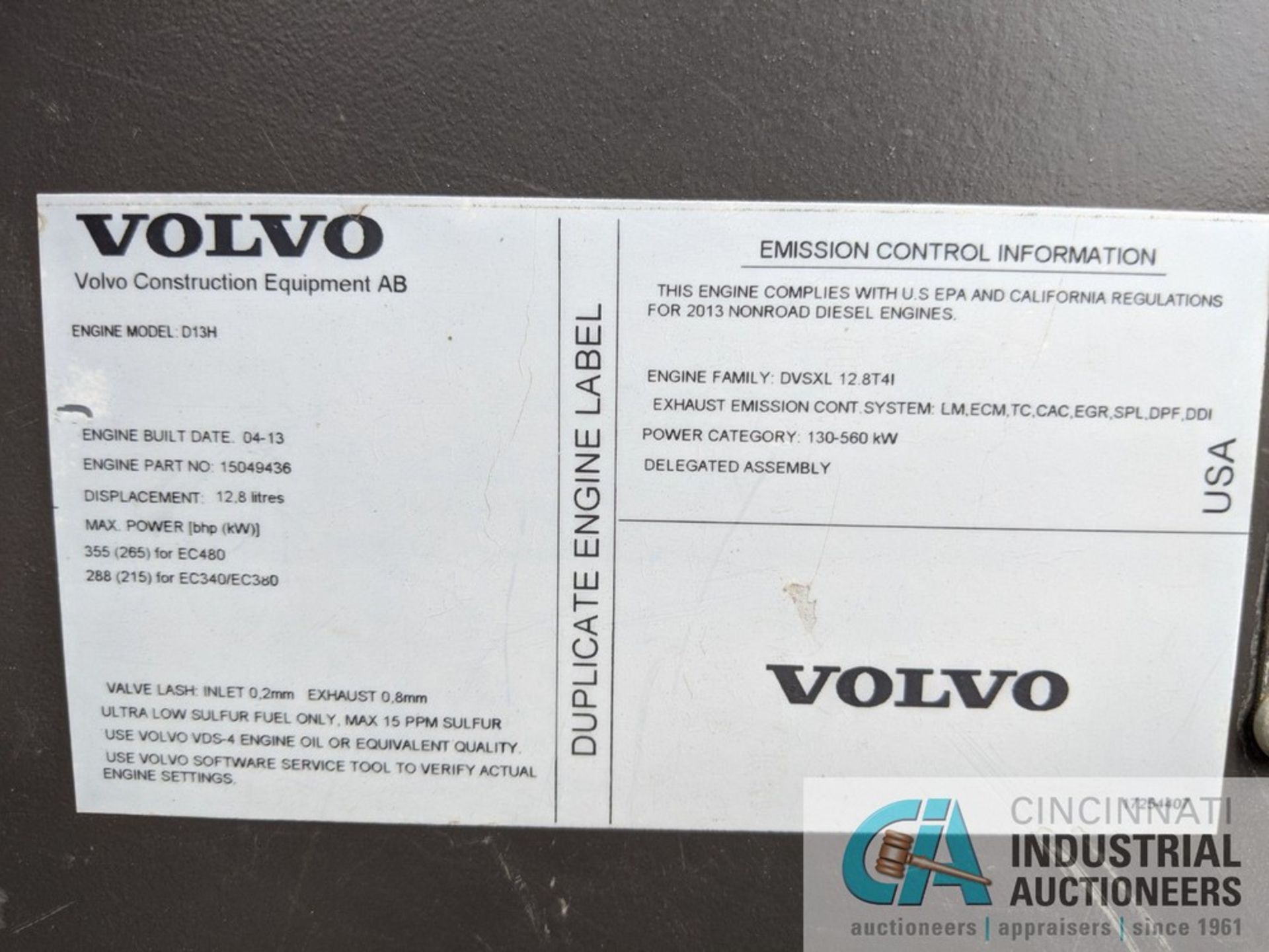 2013 VOLVO MODEL EC340DL EXCAVATOR; S/N VCEC340DD00210340, 36" WIDE TRACKS, 38" TOOTH DIGGING BUCKET - Image 11 of 18