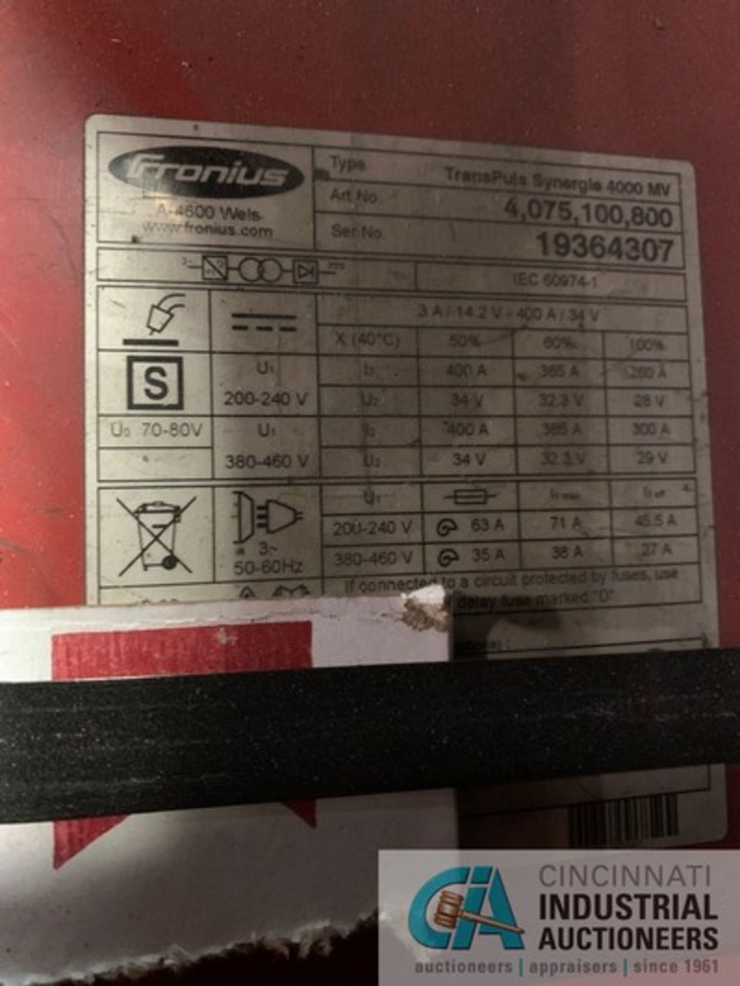 400 AMP FRONIUS TRANS PLUS SYNERGIC 4000 MV MIG WELDING POWER SOURCE S/N 19364307 WITH 24 VOLT - Image 8 of 8