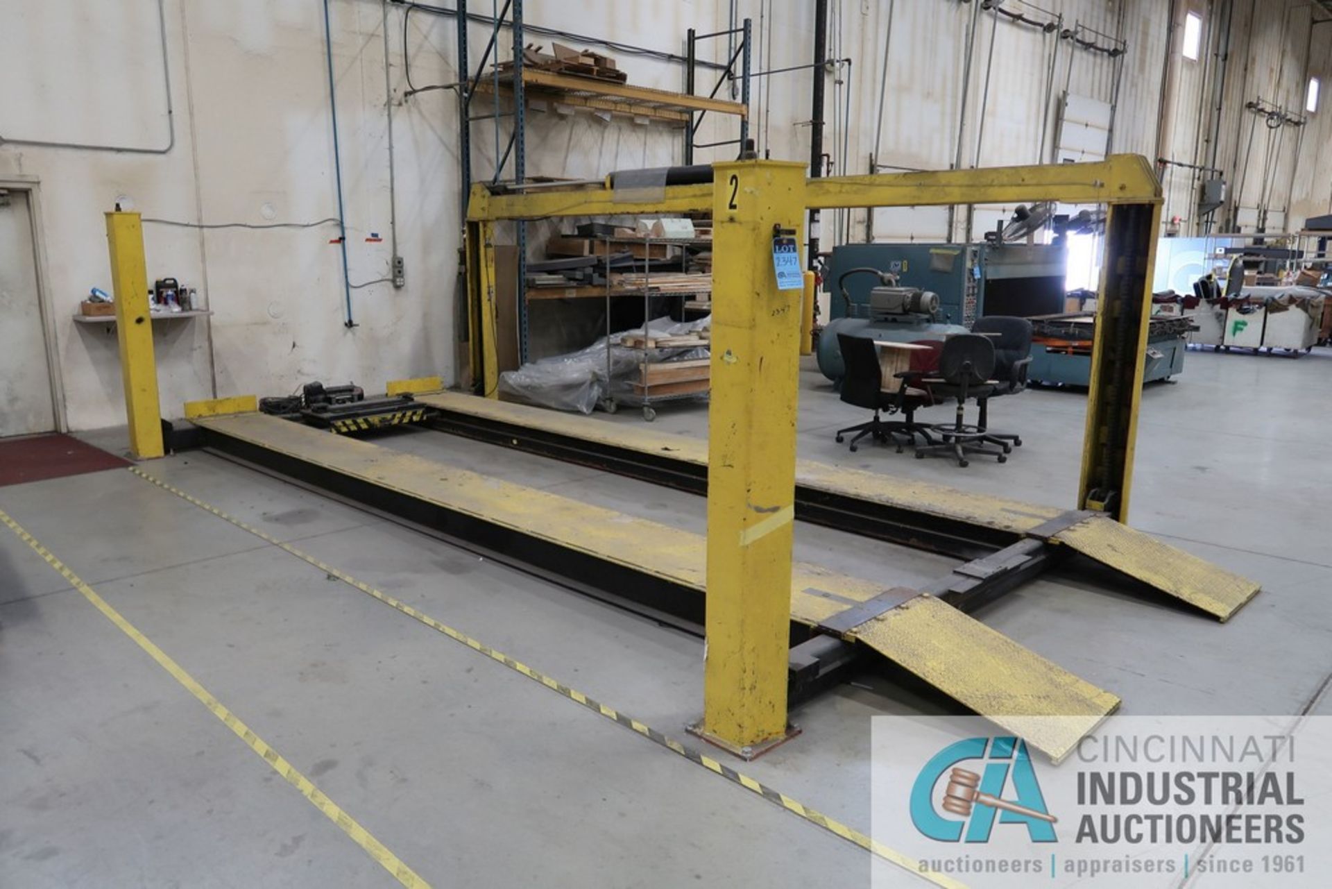 25,000 LB. CAPACITY ALM MODEL 2500WP VEHICLE LIFT, 21' RAMP, WITH CABLE WINCH, 4 HP