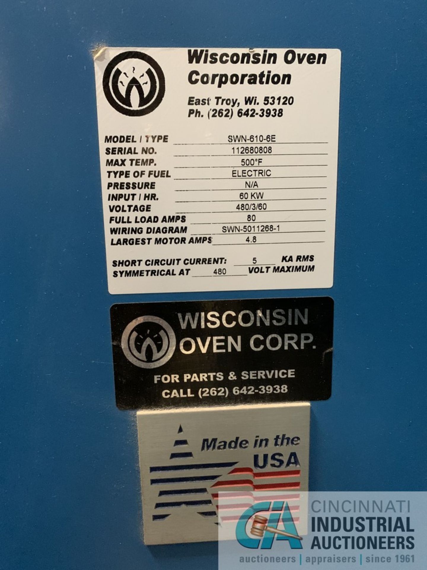 6' X 10' X 6' WISCONSIN OVEN MODEL SWN-610-6E ELECTRIC BATCH OVEN; S/N 112680808, 500 DEGREE, - Image 10 of 15