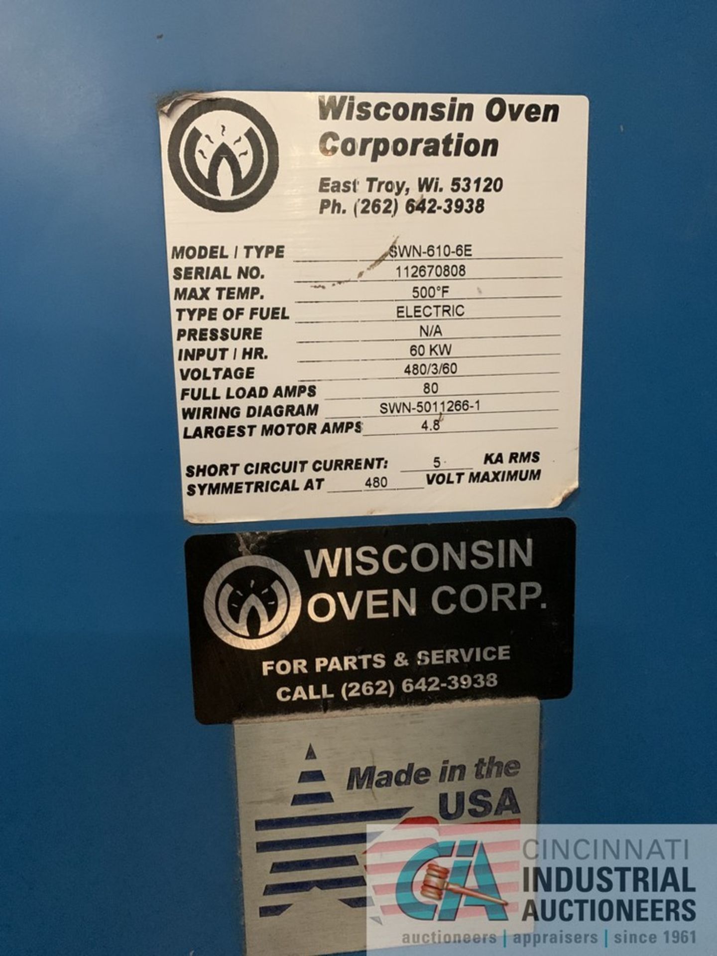 6' X 10' X 6' WISCONSIN OVEN MODEL SWN-610-6E ELECTRIC BATCH OVEN; S/N 112670808, 500 DEGREE, - Image 7 of 15