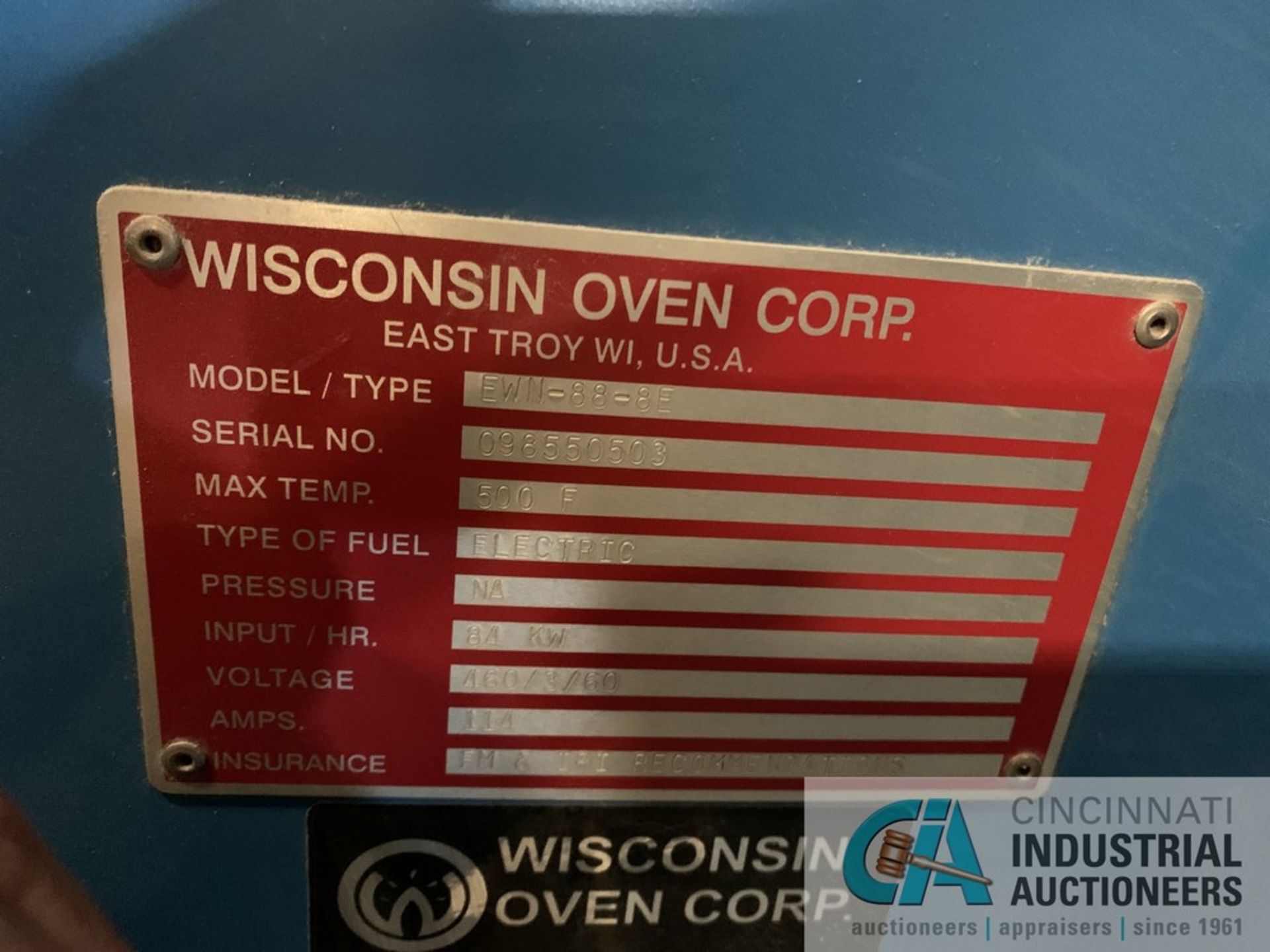 8' X 8' X 8' WISCONSIN OVEN MODEL EWN-88-8E ELECTRIC BATCH OVEN; S/N 098550503, 500 DEGREE, - Image 13 of 17