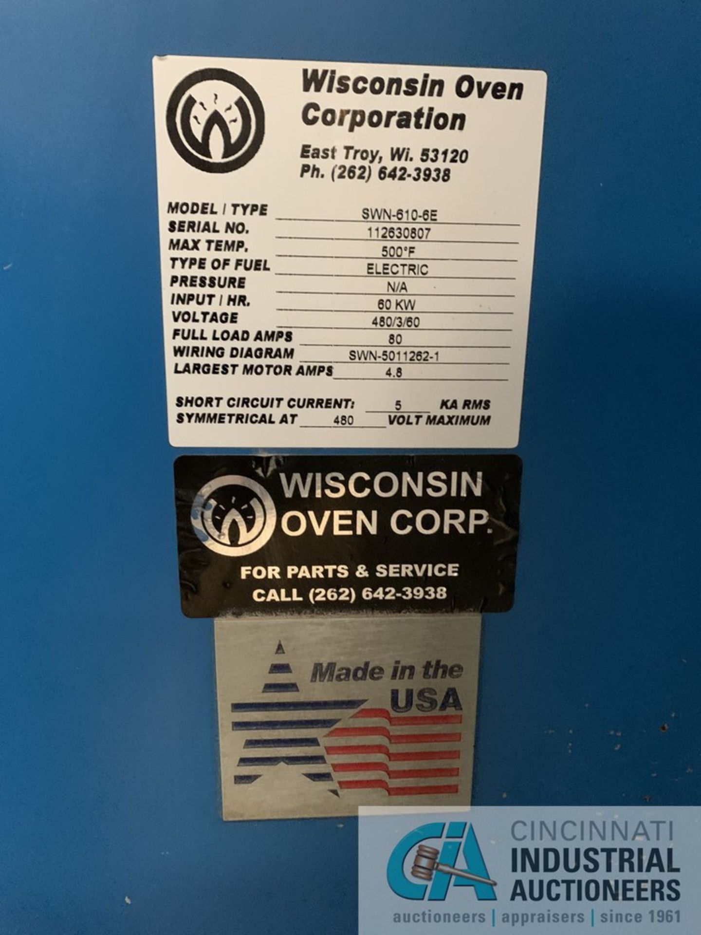 6' X 10' X 6' WISCONSIN OVEN MODEL SWN-610-6E ELECTRIC BATCH OVEN; S/N 112630807, 500 DEGREE, - Image 7 of 15