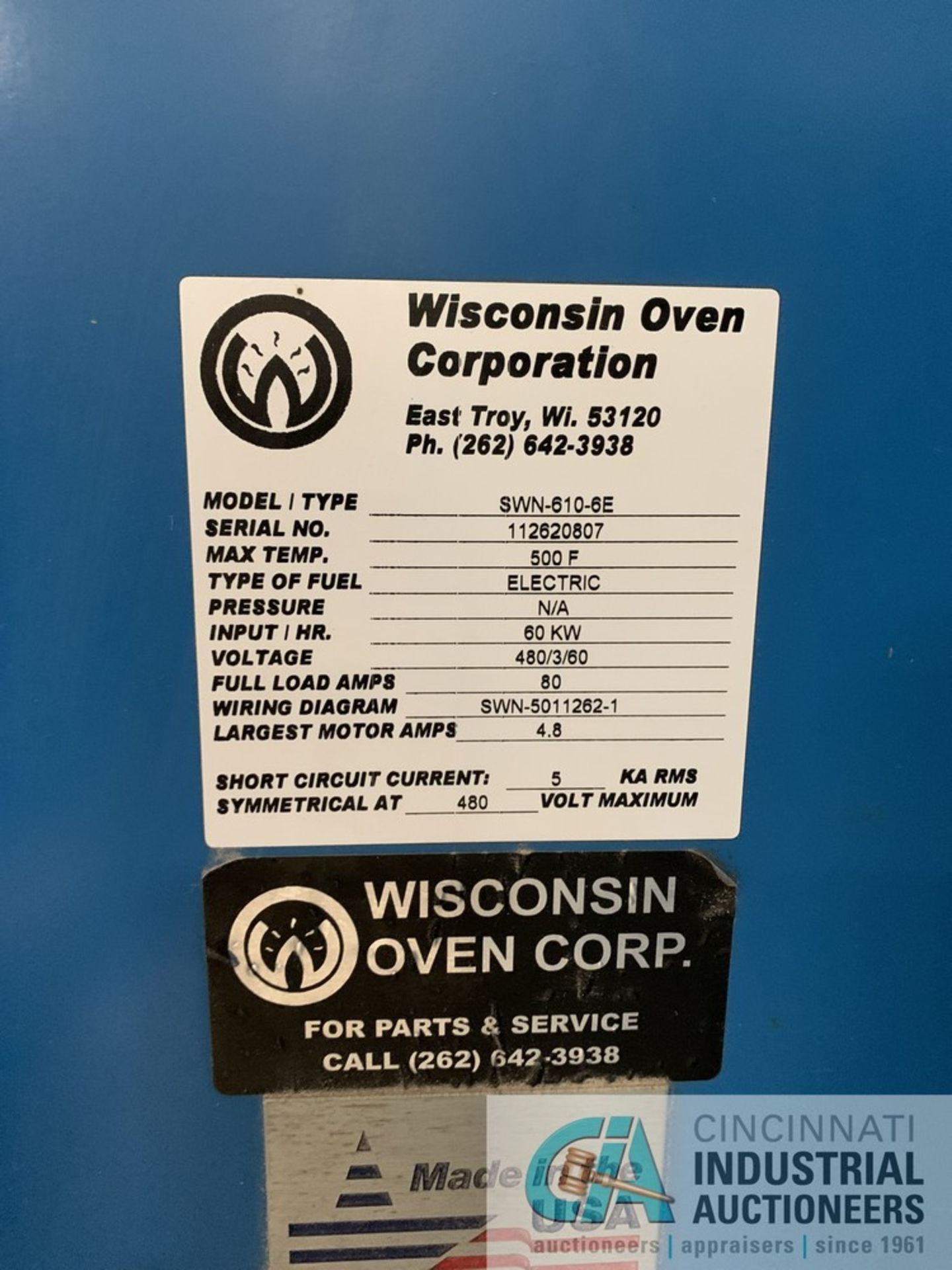 6' X 10' X 6' WISCONSIN OVEN MODEL SWN-610-6E ELECTRIC BATCH OVEN; S/N 11262807, 500 DEGREE, CONTROL - Image 7 of 13