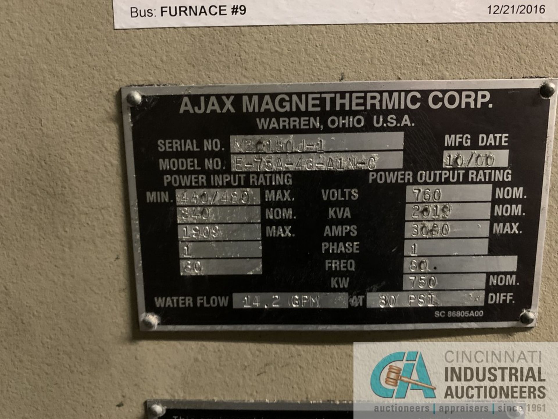 OVERALL LOTS 3 AND 3A 20,000 LB. AJAX MAGNATHERMIC CHANNEL TYPE INDUCTION MELTING FURNACE W/ POWER - Image 3 of 5