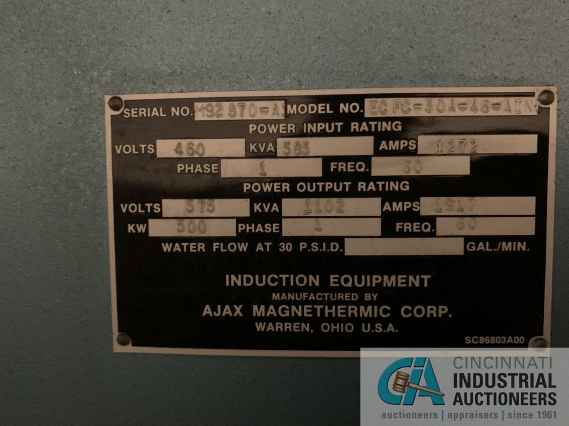 500 KW AJAX MAGNATHERMIC POWER SUPPLY AND CONTROL; 575V, 1,000 KVA, 1,750 AMP, 500 KW, CONTROL PANEL - Image 5 of 14