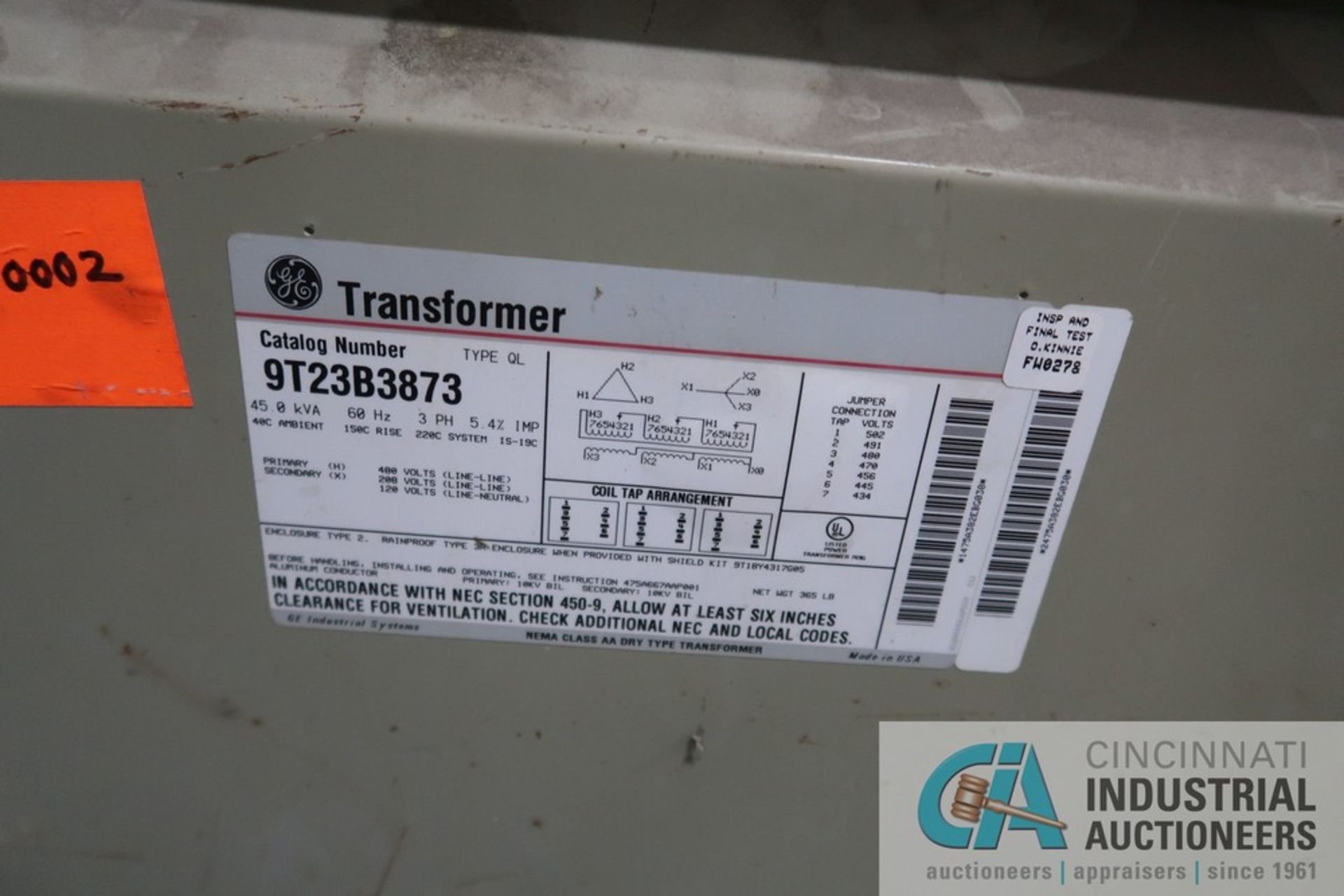 45 KVA GE CAT 9T23B3873 TRANSFORMER - Image 2 of 3