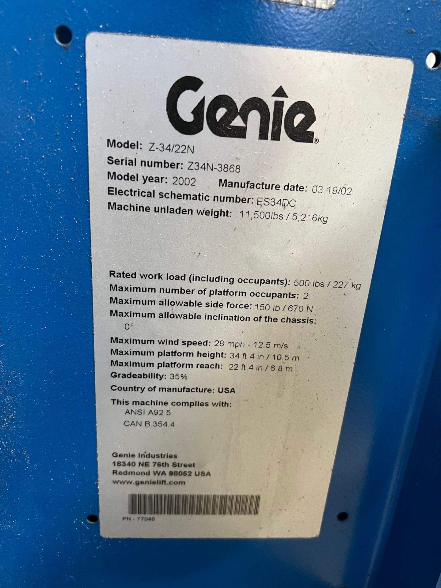 GENIE MODEL Z-34-22N ELECTRIC BOOM LIFT; S/N Z34N-3868, 500 LB. MAX LOAD, 34'4" MAX HEIGHT, - Image 8 of 8