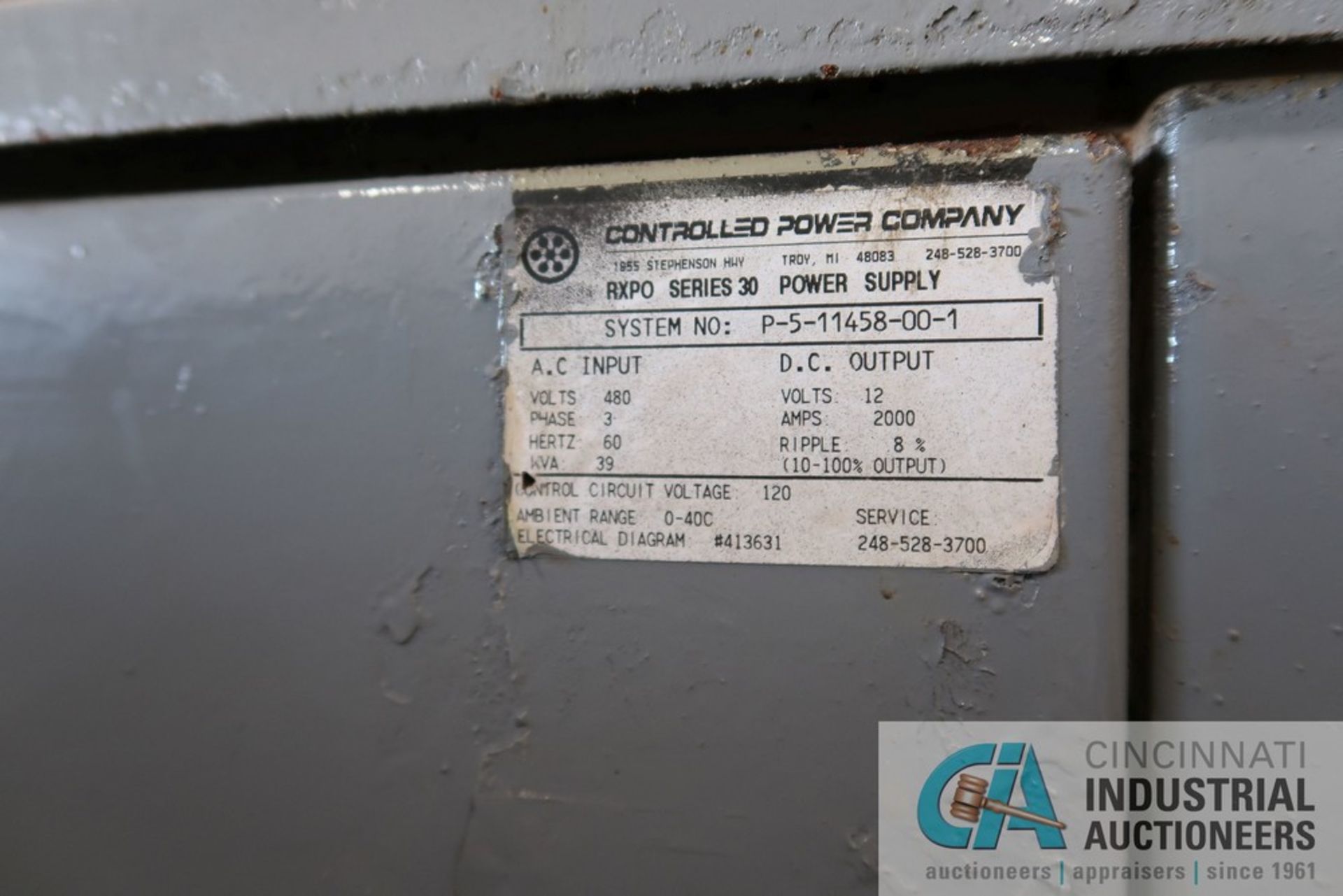 39 KVA CONTROLLED POWER COMPANY RXPO SERIES 30 POWER SUPPLY; S/N P-5-11458-00-1, AC IMPUT 480 - Image 3 of 3