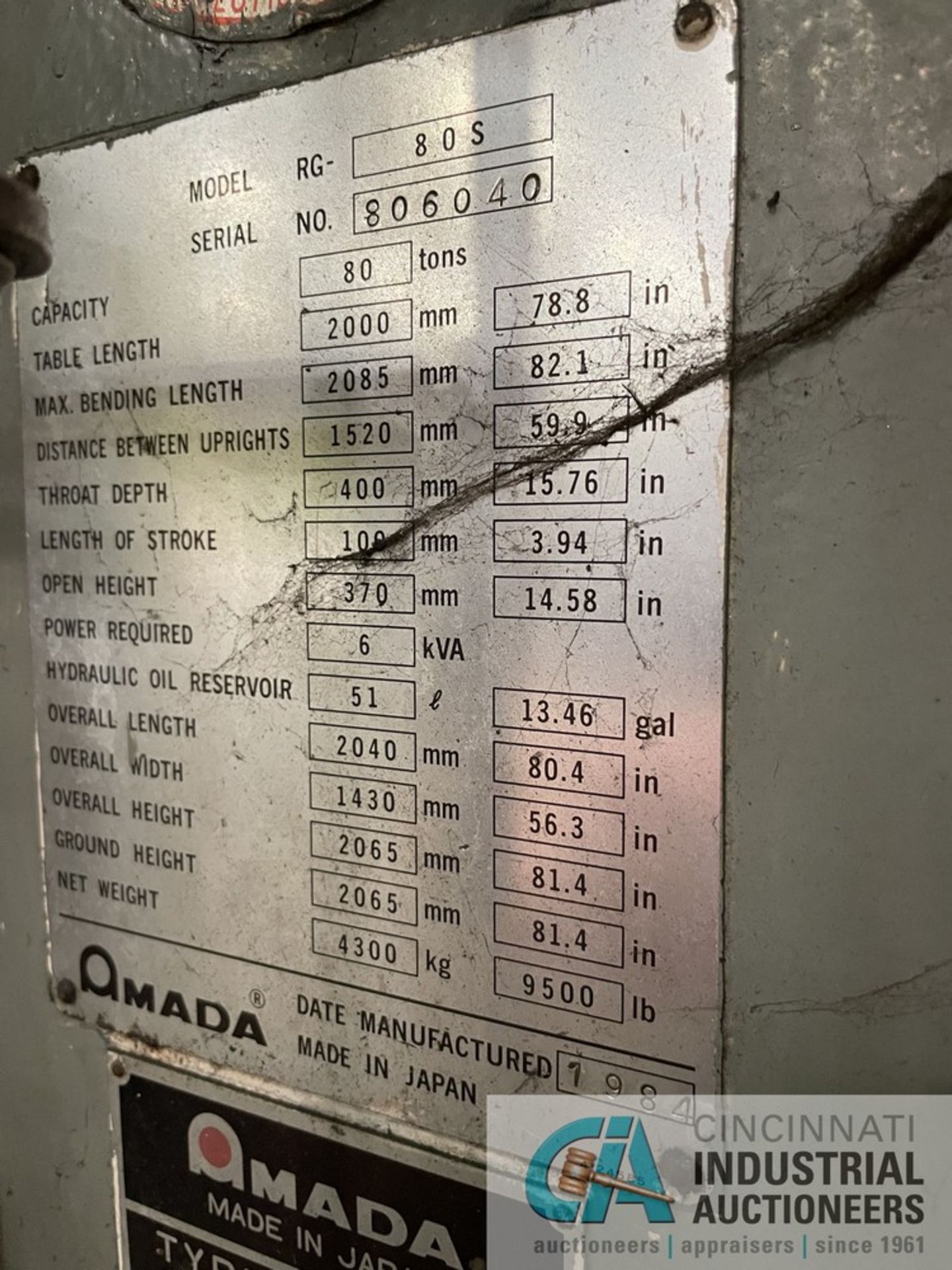 78.8" X 80 TON AMADA MODEL RG-80S PRESS BRAKE S/N 806040 - Image 12 of 14