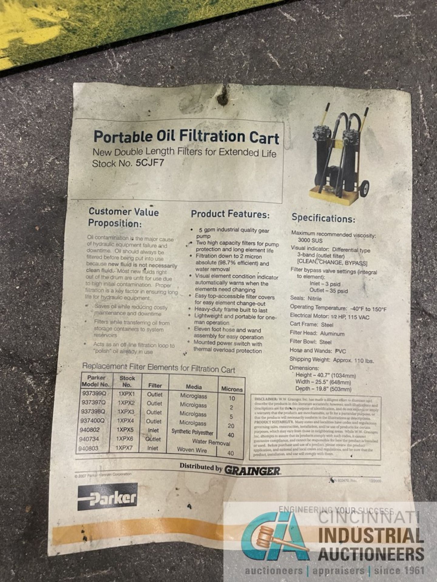 PARKER PORTABLE OIL FILTRATION CART, STOCK #5CJF7 - Image 4 of 5