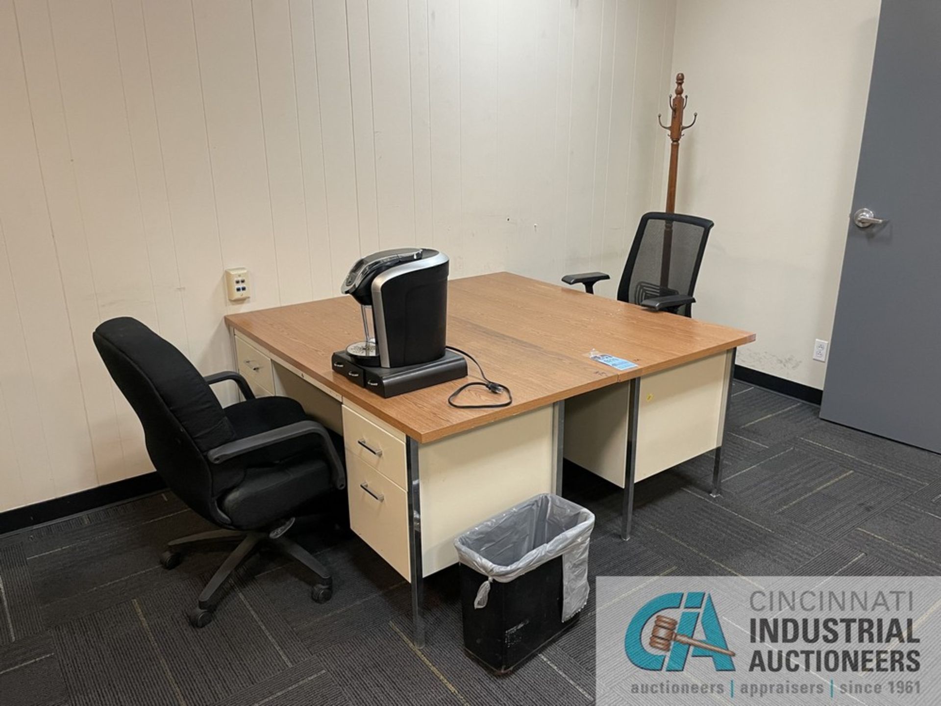 MISCELLANEOUS DESKS WITH (4) CHAIRS AND SHELF