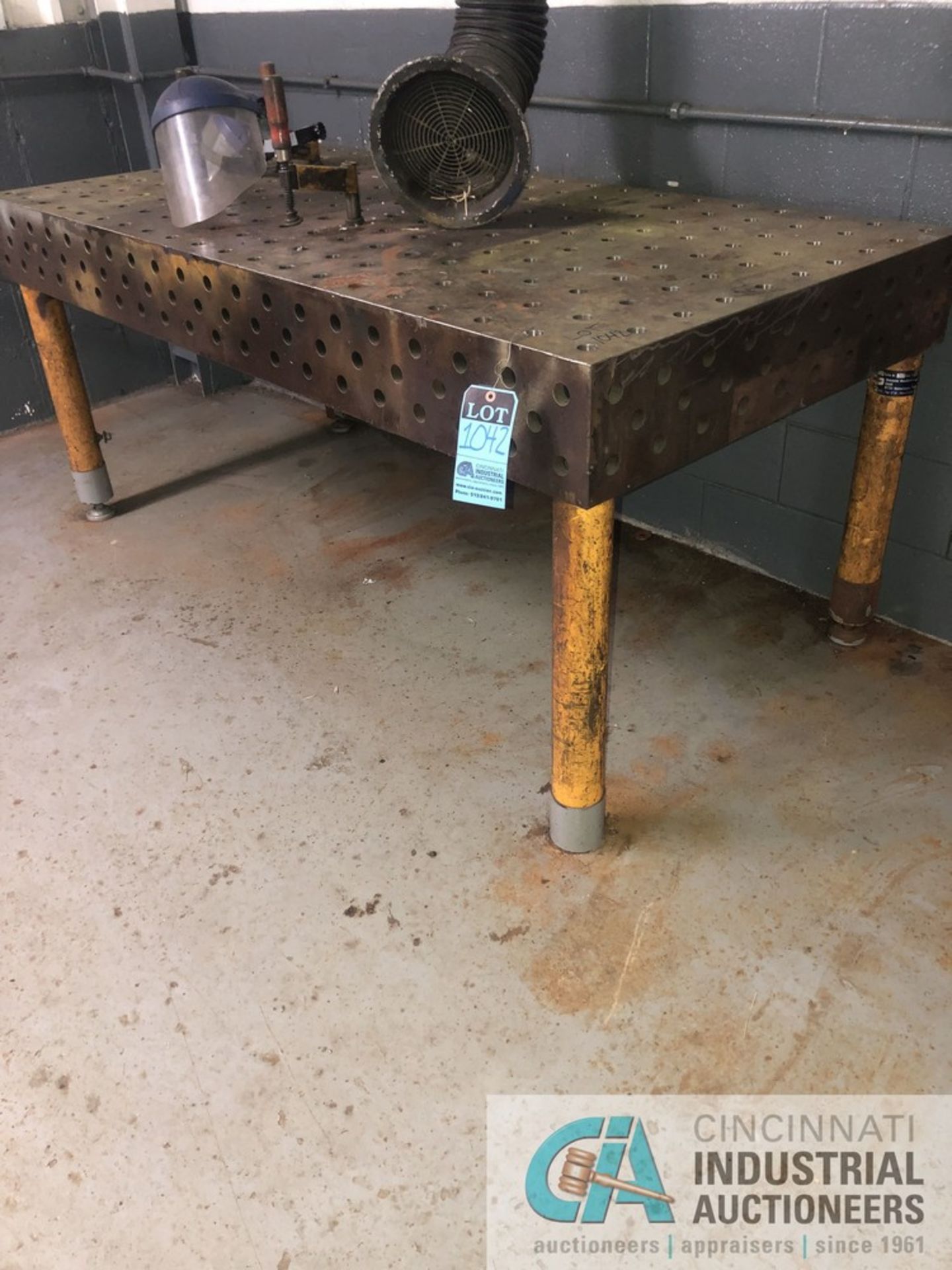 38 1/4” x 78 3/4” x 34 1/2" H DEMMELER WELD TABLE WITH (2) WELD SHIELD HELMETS; 8” THICK TABLE