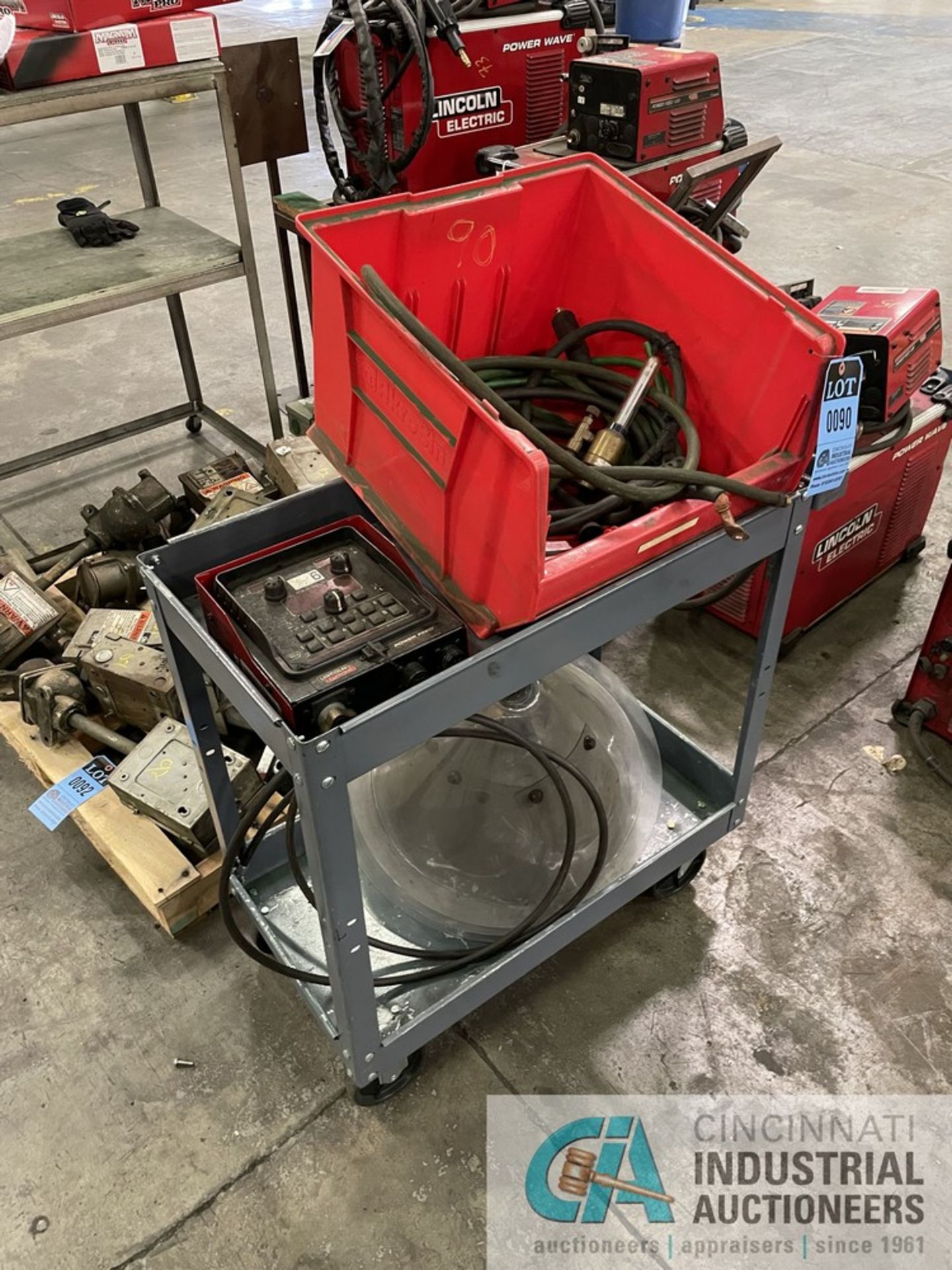 CART WITH LINCOLN POWER FEED CONTROL AND WELDING HEADS AND HOSE