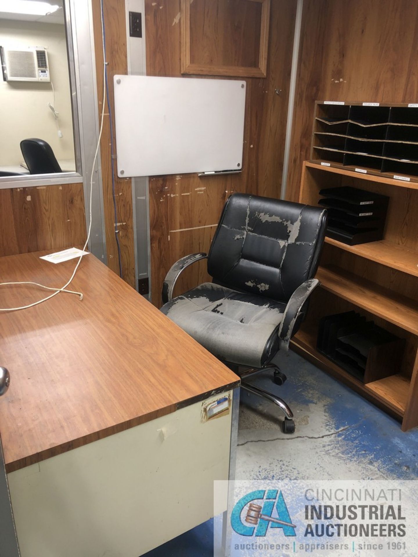 CONTENTS OF OFFICE: SHOP DESK; (2) CHAIRS; TWO DOOR SHELF CABINET; BOOKCASE