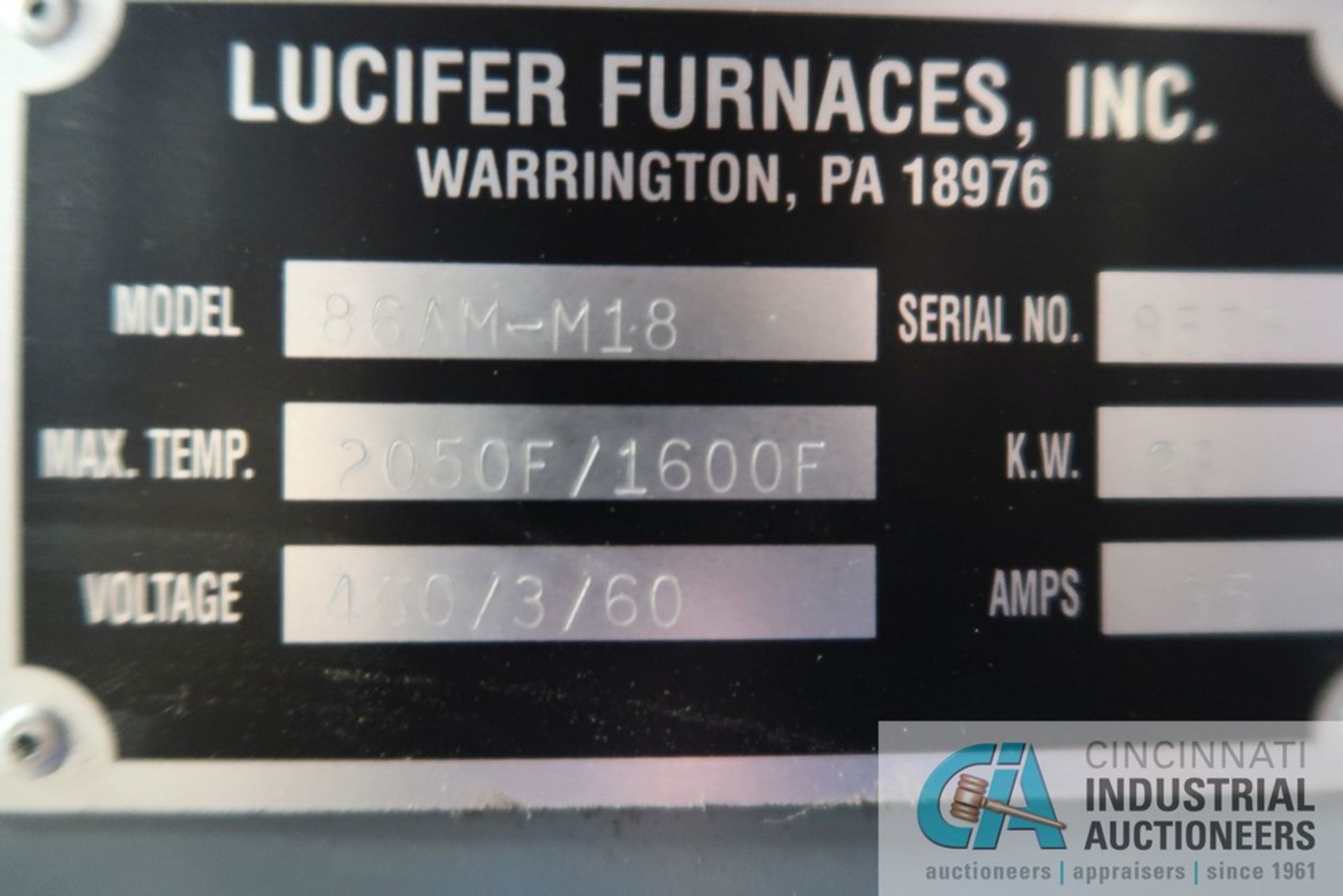 LUCIFER FURNACES MODEL 86AM-M18 NATURAL GAS HEAT TREAT OVEN; S/N 8528, 2,050 DEGREE F / 1,600 DEGREE - Image 9 of 14