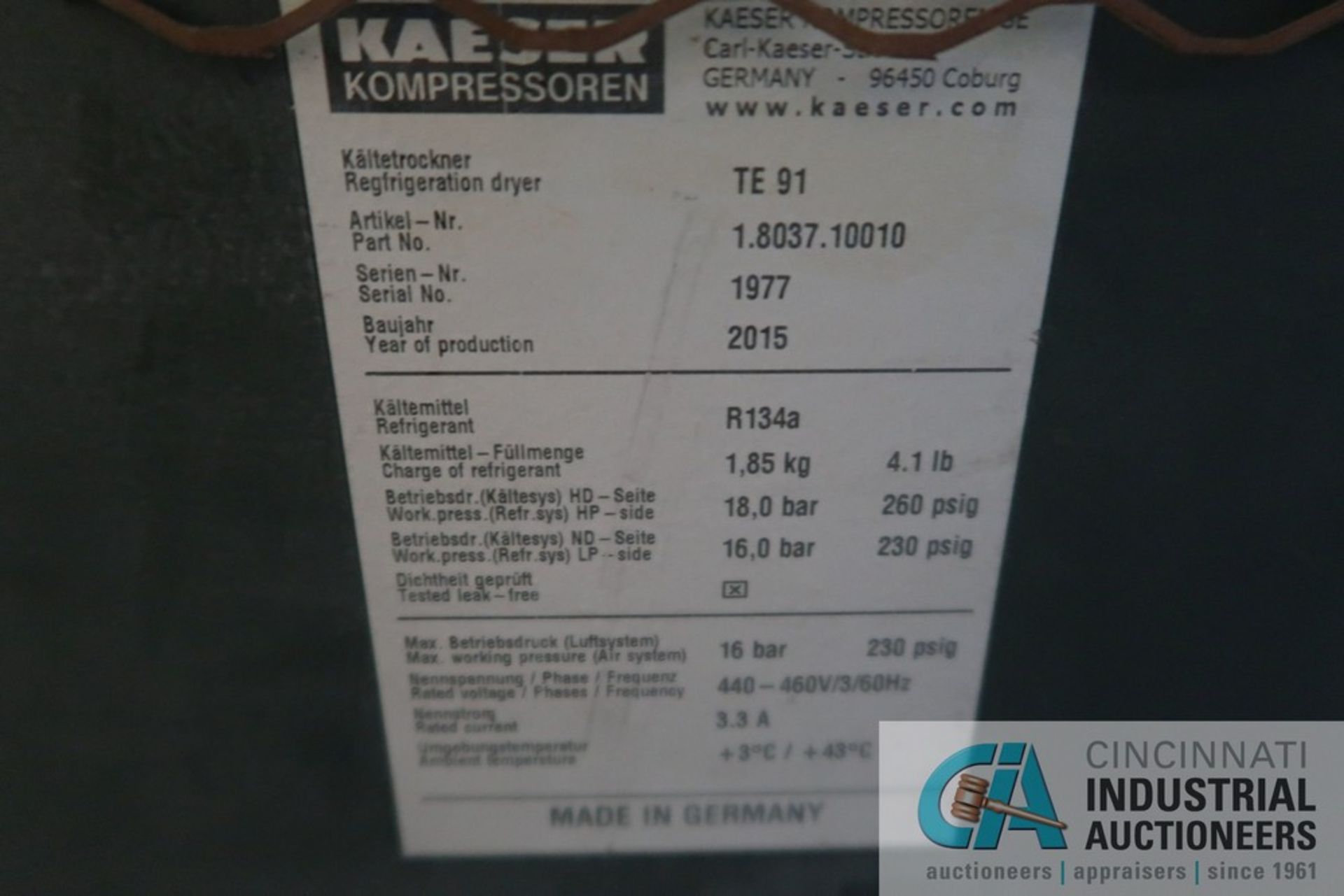 KAESER MODEL TE91 REFRIGERATED AIR DRYER; S/N 1977 (NEW 2015), R134A REFRIGERANT - Image 4 of 4