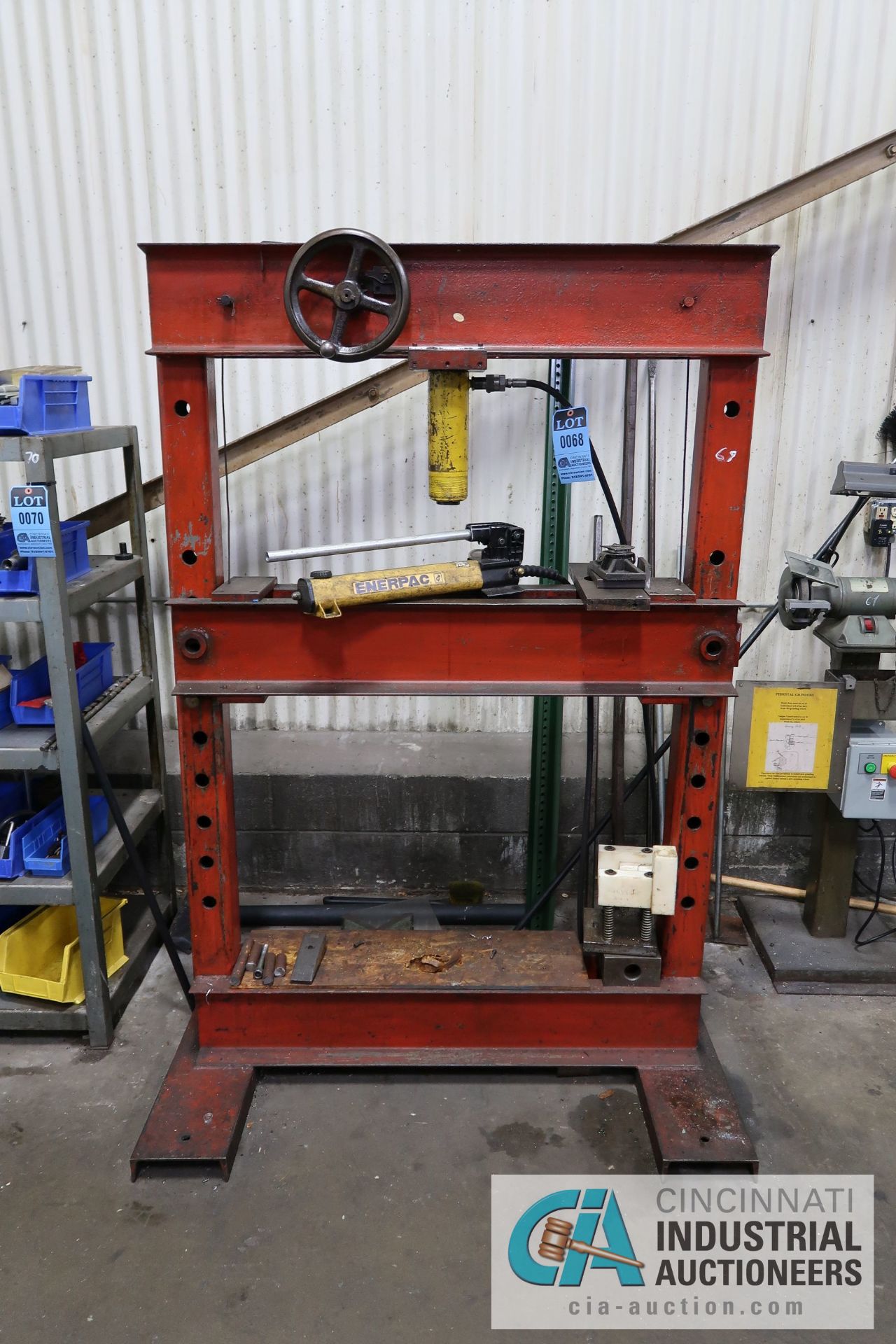 25 TON H-FRAME PRESS WITH 25 TON ENERPAC HYDRAULIC JACK AND HAND PUMP