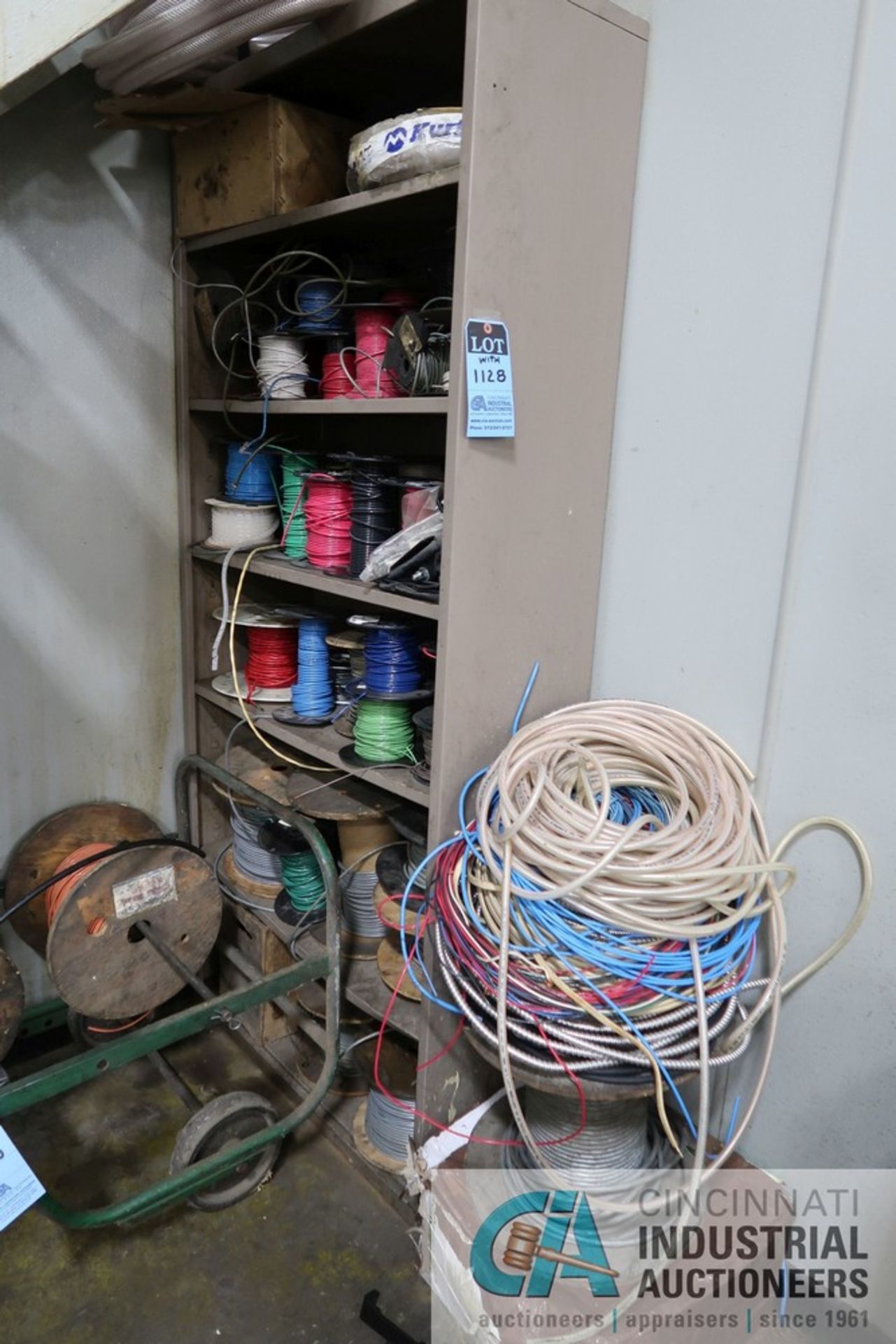 (LOT) MISCELLANEOUS ELECTRICAL WIRE WITH CART AND SHELVING