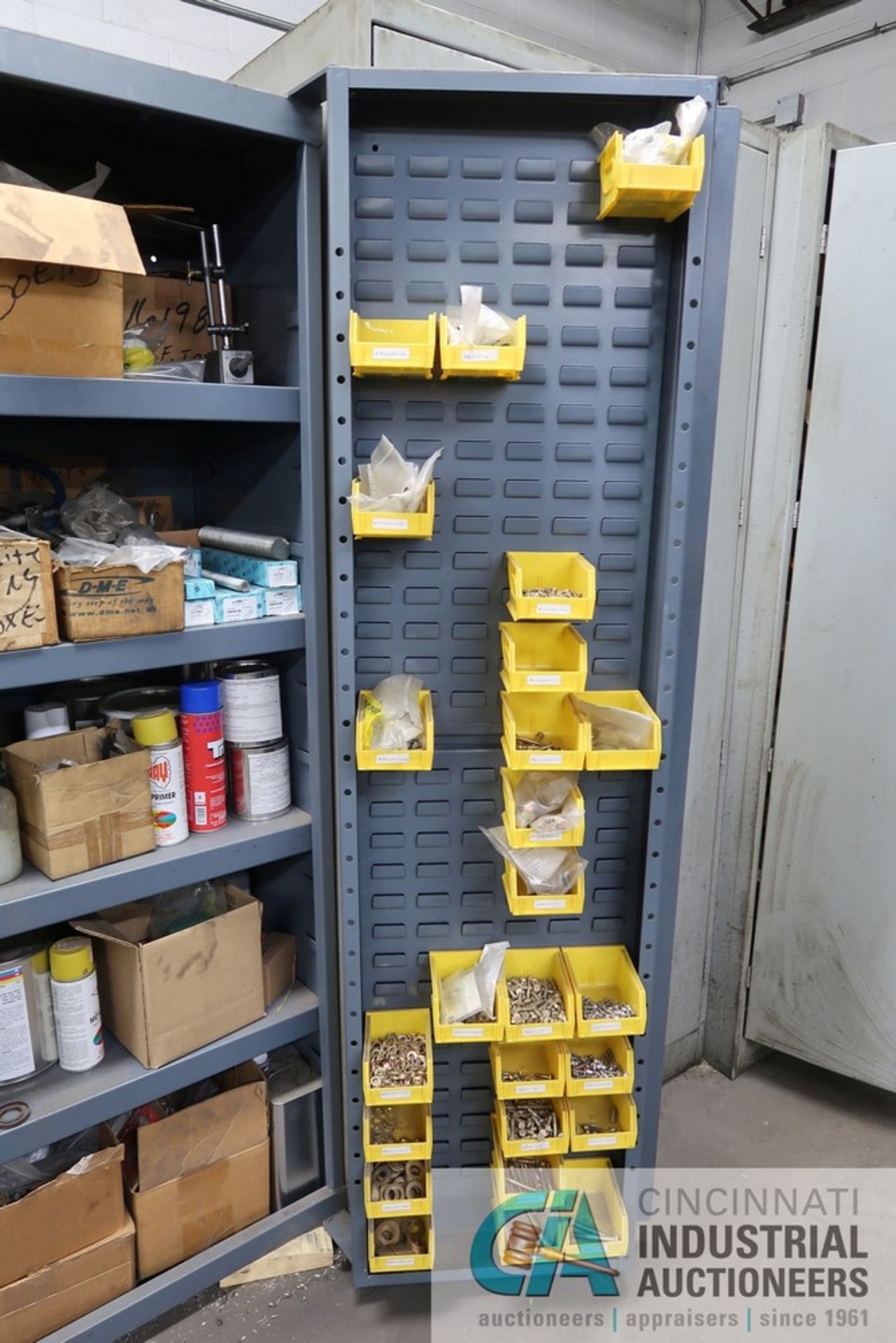 (LOT) MISCELLANEOUS SHOP SUPPLIES AND HARDWARE WITH HANGING BIN / MULTI SHELF STORAGE CABINET - Image 3 of 7