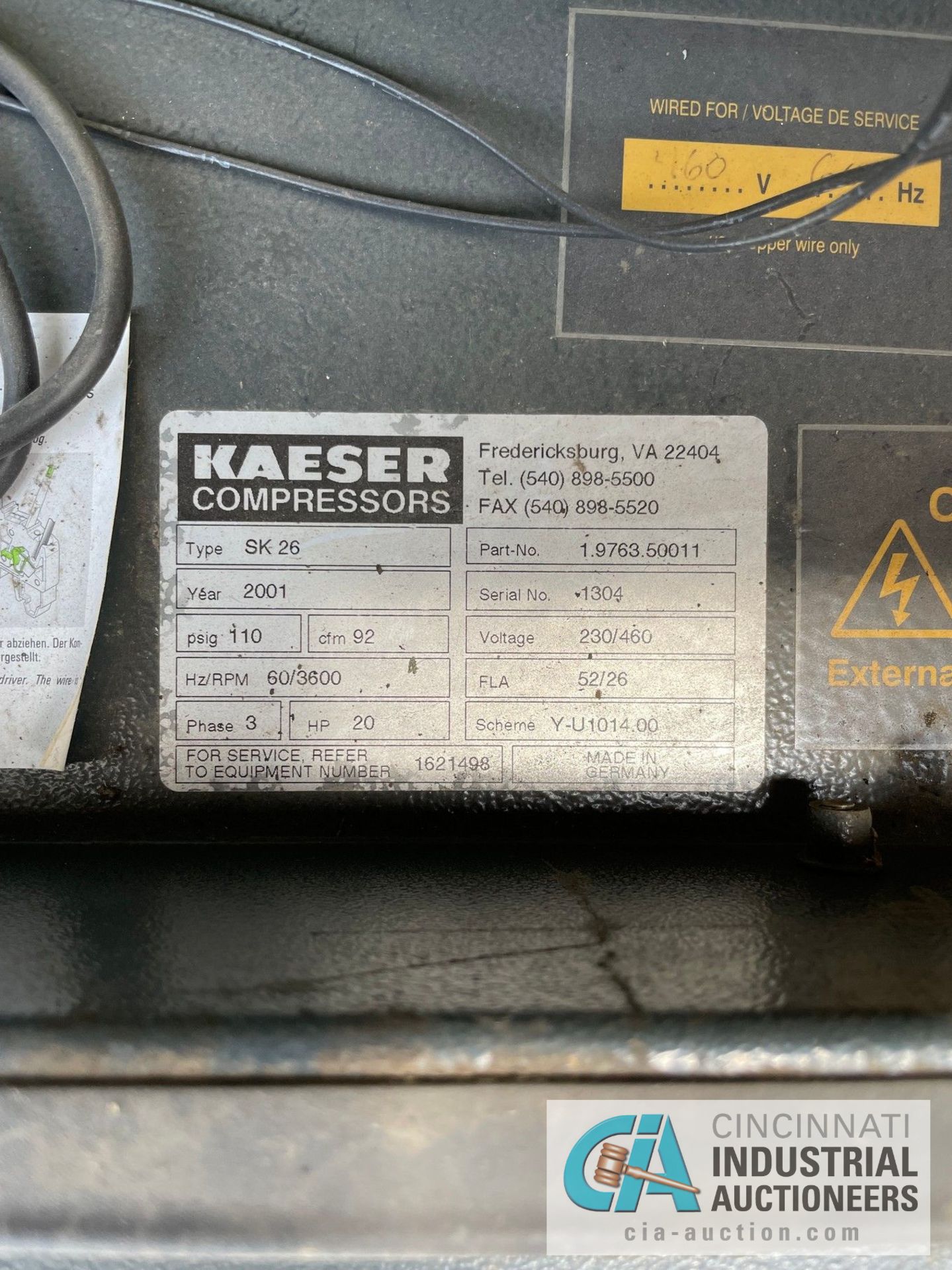 20 HP KAESER MODEL SK-26 AIR COMPRESSOR; S/N 1304 (NEW 2001), CONDITION UNKNOWN, WAS IN PLACE HOOKED - Image 3 of 3