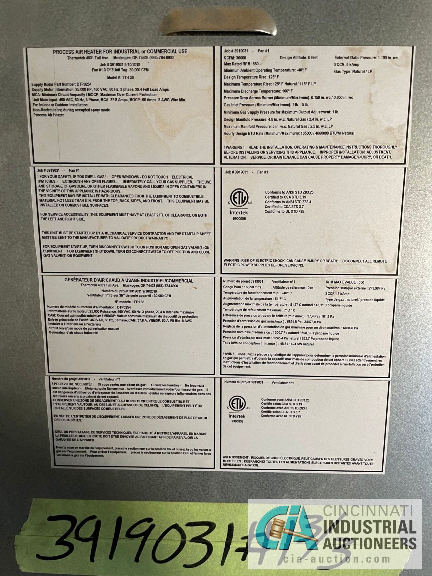 30,000 CFM THERMOTEK MODEL TTH-36 NATURAL GAS FIRED HORIZONTAL INDUSTRIAL HEATER / AIR MAKE-UP - Image 8 of 16