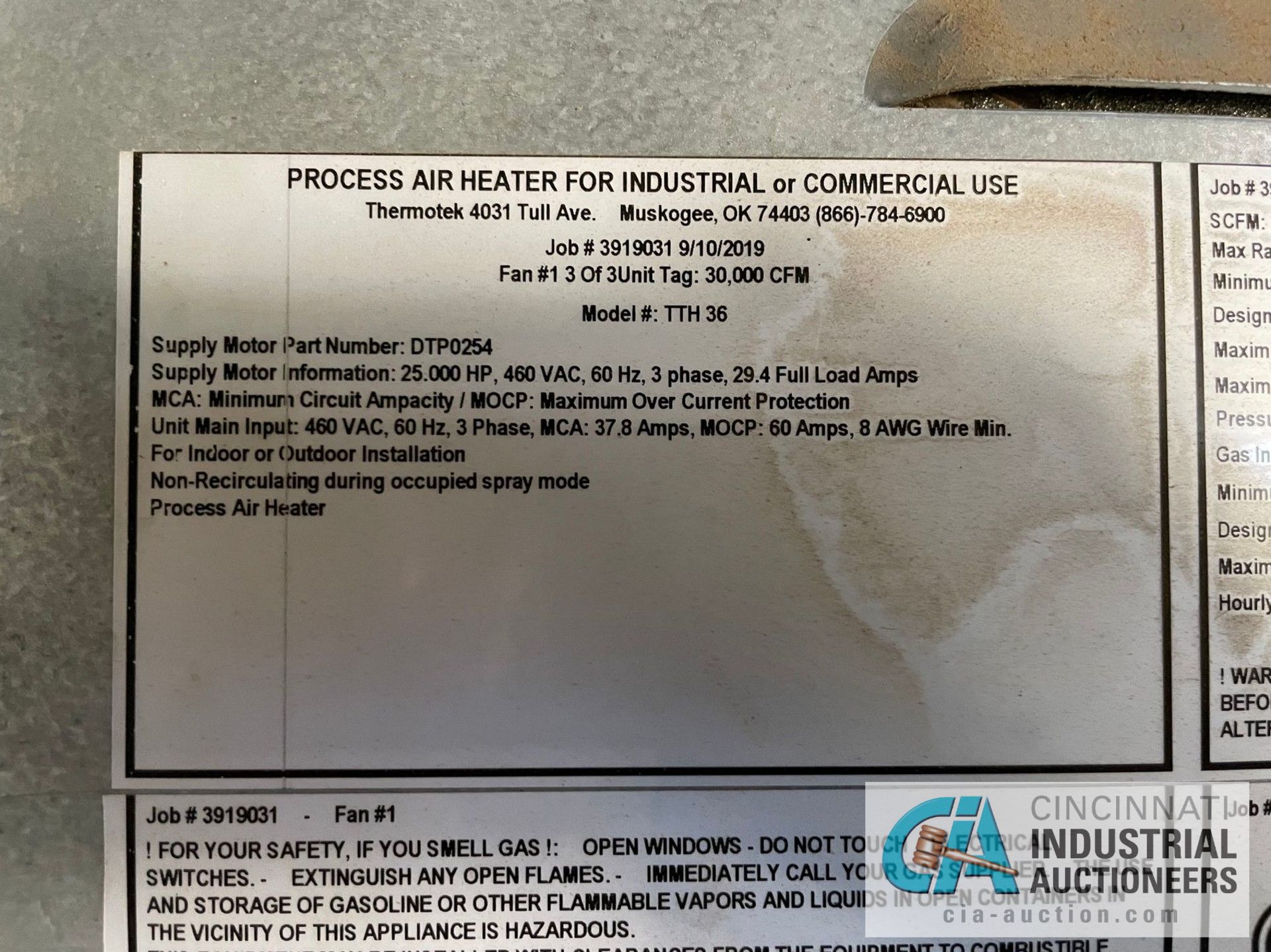 30,000 CFM THERMOTEK MODEL TTH-36 NATURAL GAS FIRED HORIZONTAL INDUSTRIAL HEATER / AIR MAKE-UP - Image 9 of 16