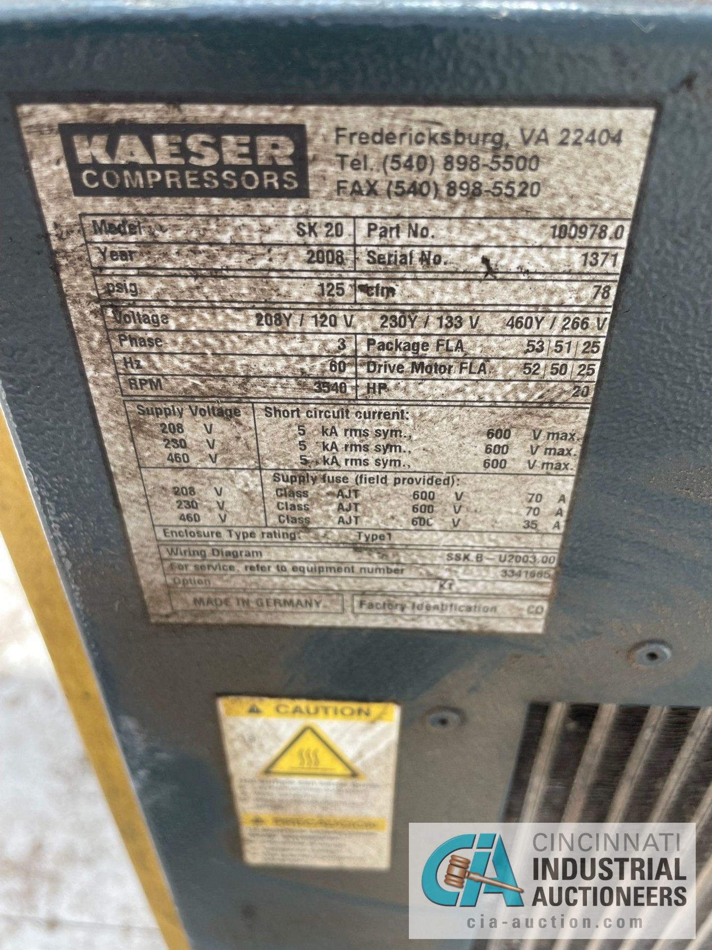 20 HP KAESER MODEL SK-20 AIR COMPRESSOR; S/N 1371 (NEW 2008), CONDITION UNKNOWN, WAS IN PLACE HOOKED - Image 2 of 4