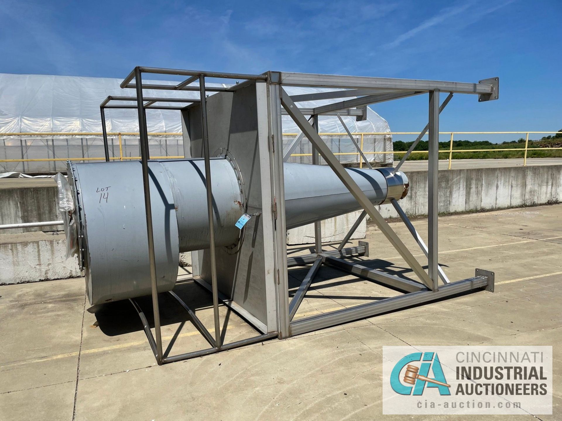 10-HP DUST COLLECTOR; QUICKDRAFT BLOWER UNIT AND CYCLONE OUTSIDE, APPROX. 15' OVERALL HEIGHT, 8' X