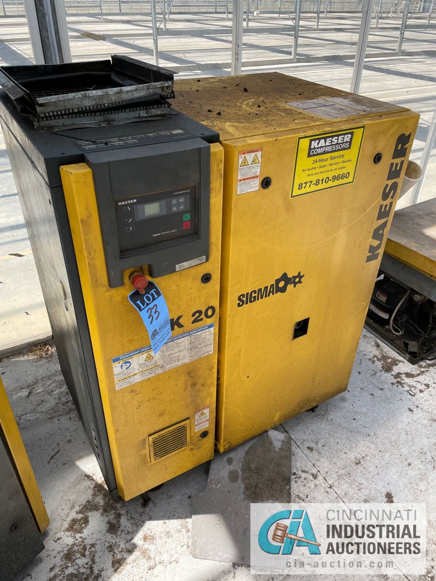 20 HP KAESER MODEL SK-20 AIR COMPRESSOR; S/N 1371 (NEW 2008), CONDITION UNKNOWN, WAS IN PLACE HOOKED