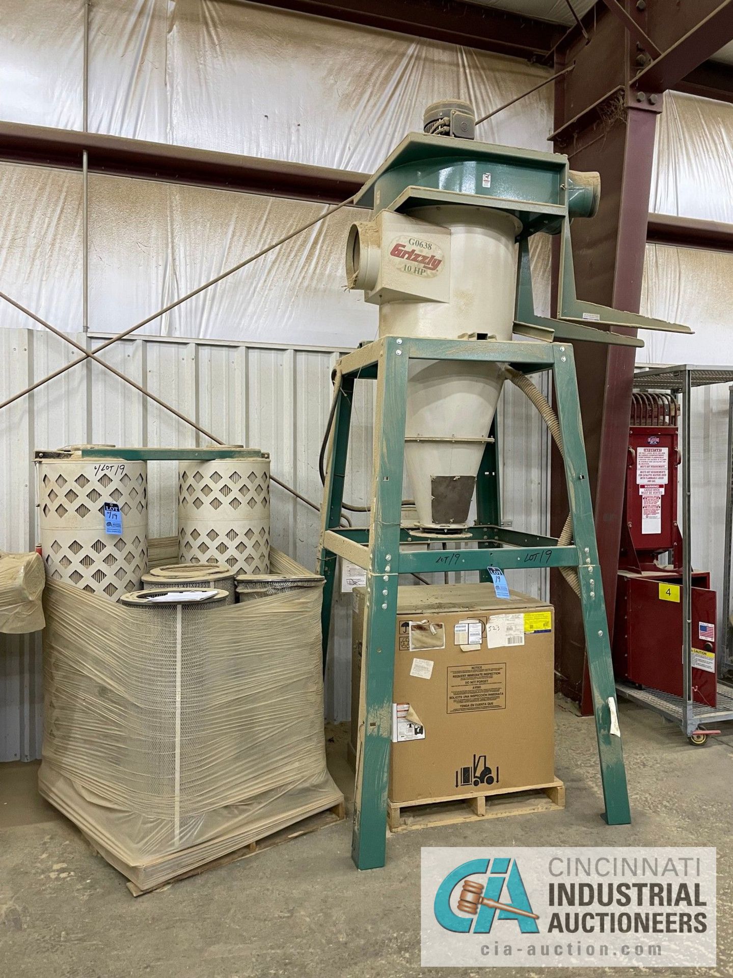 10-HP GRIZZLY MODEL G-0638 CYCLONE DUST COLLECTOR WITH SKID OF FILTERS, APPROX. 12' OVERALL HEIGHT