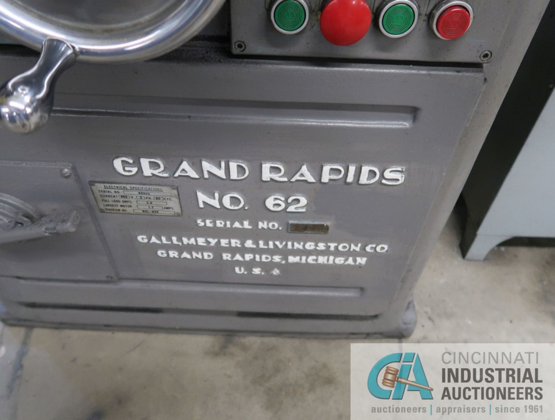 GRAND RAPIDS MODEL NO. 62 UNIVERSAL TOOL GRINDER; S/N 62222, WITH ATTACHMENTS AND 6" X 44" T-SLOTTED - Image 9 of 12