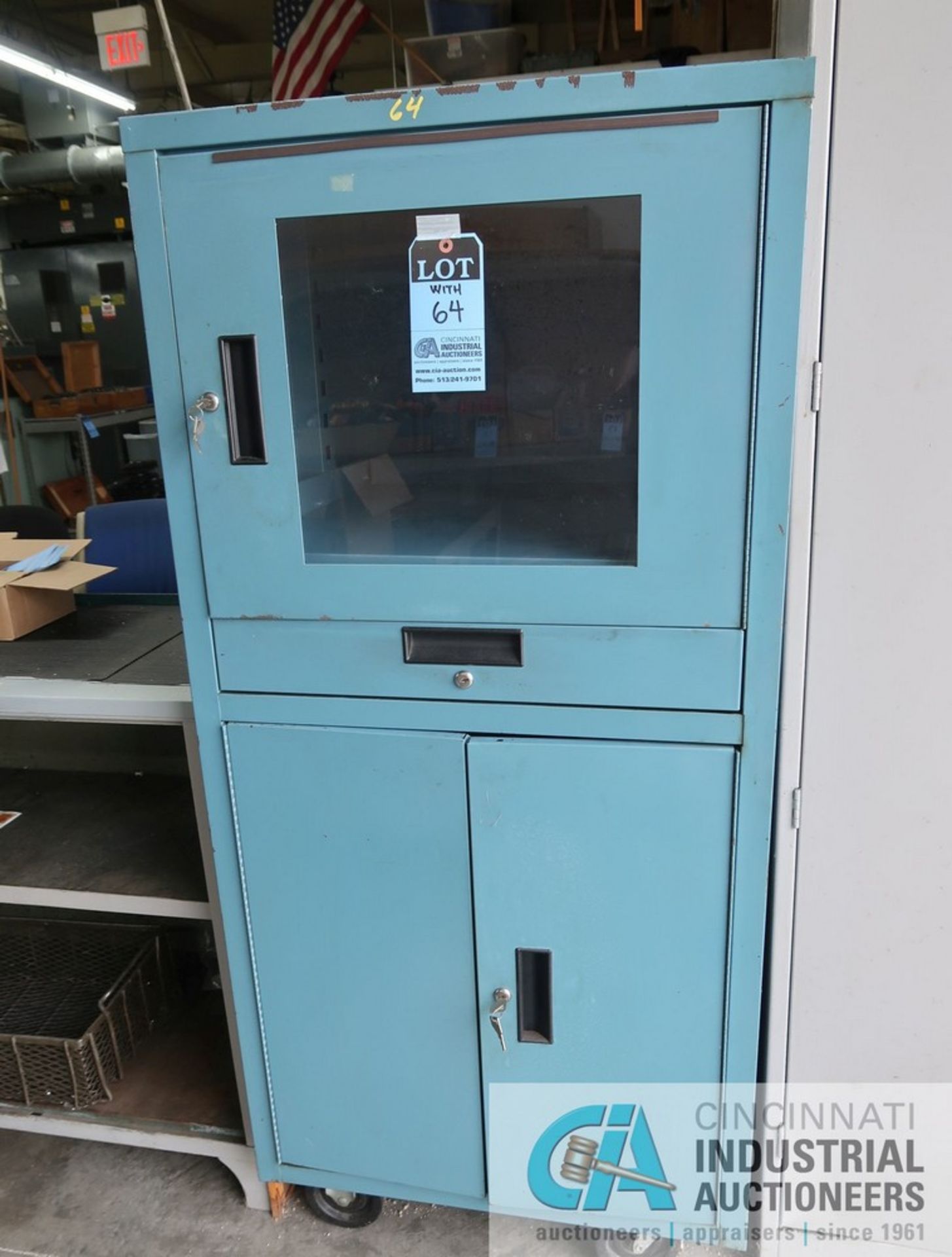 (LOT) TWO-DOOR STORAGE CABINET WITH PORTABLE COMPUTER CABINET AND COUNTER HEIGHT OPEN FRONT CABINET - Image 2 of 3