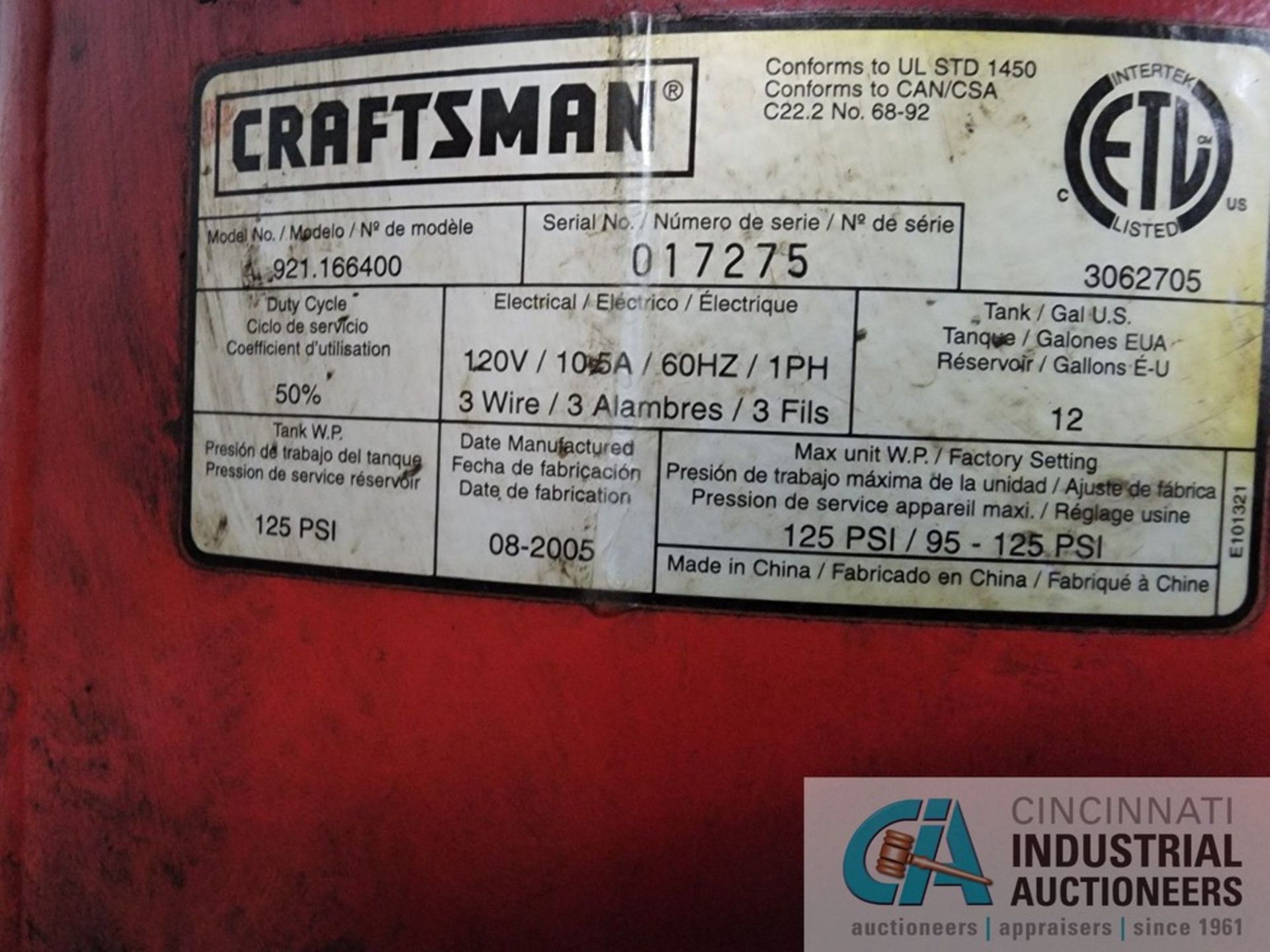 1 HP CRAFTSMAN AIR COMPRESSOR - Image 3 of 3