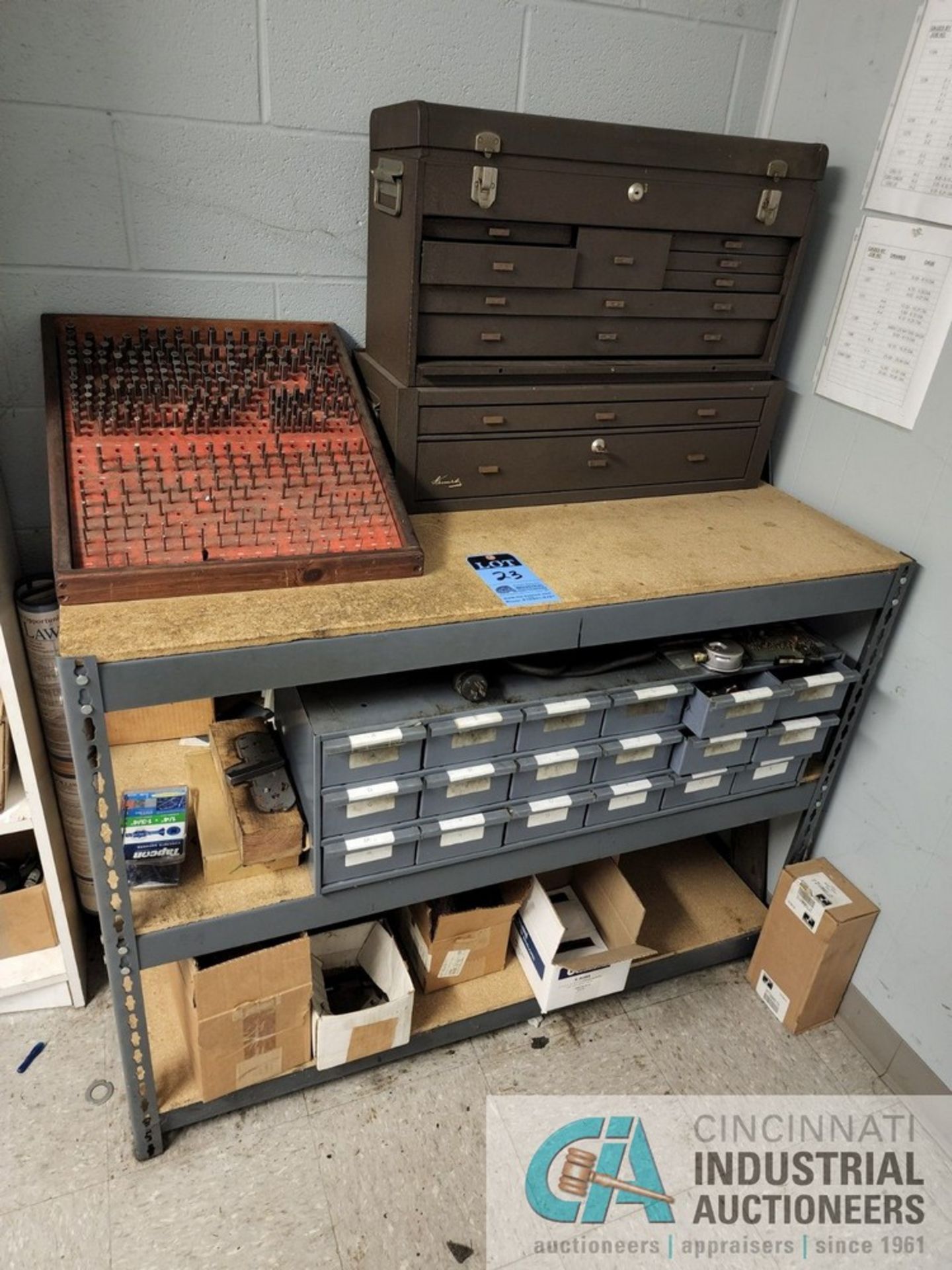 (LOT) KENNEDY TOOL BOX W/ SMALL MOUNT OF INSPECTION ITEMS, PIN GAGE INDEX, PIGEON HOLE CABINET W/