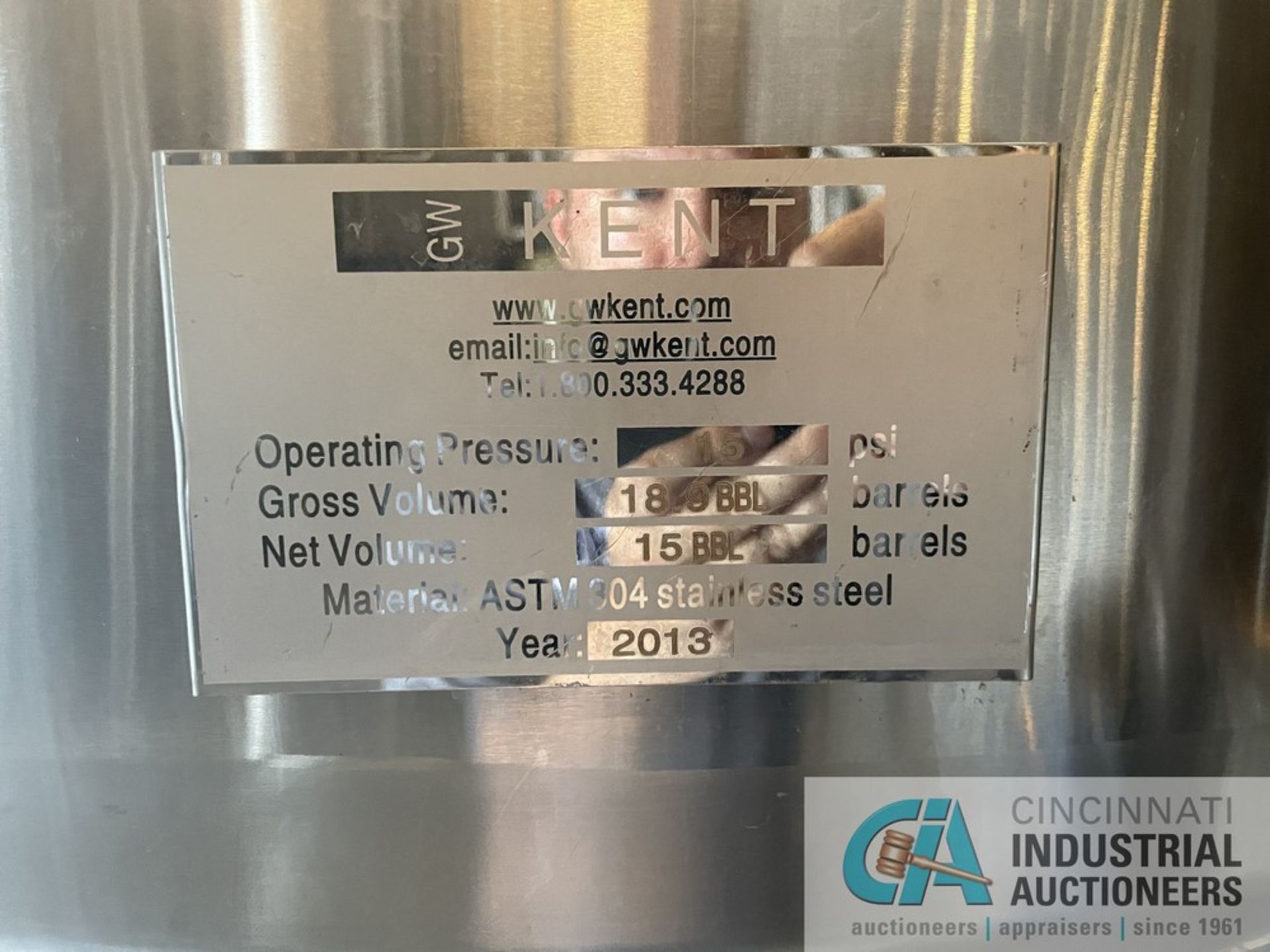 GW KENT 15-BARREL UNI-TANK CONE BOTTOM JACKETED STAINLESS-STEEL TANK; TANK NET PL-1 DIGITAL CONTROL, - Image 3 of 8