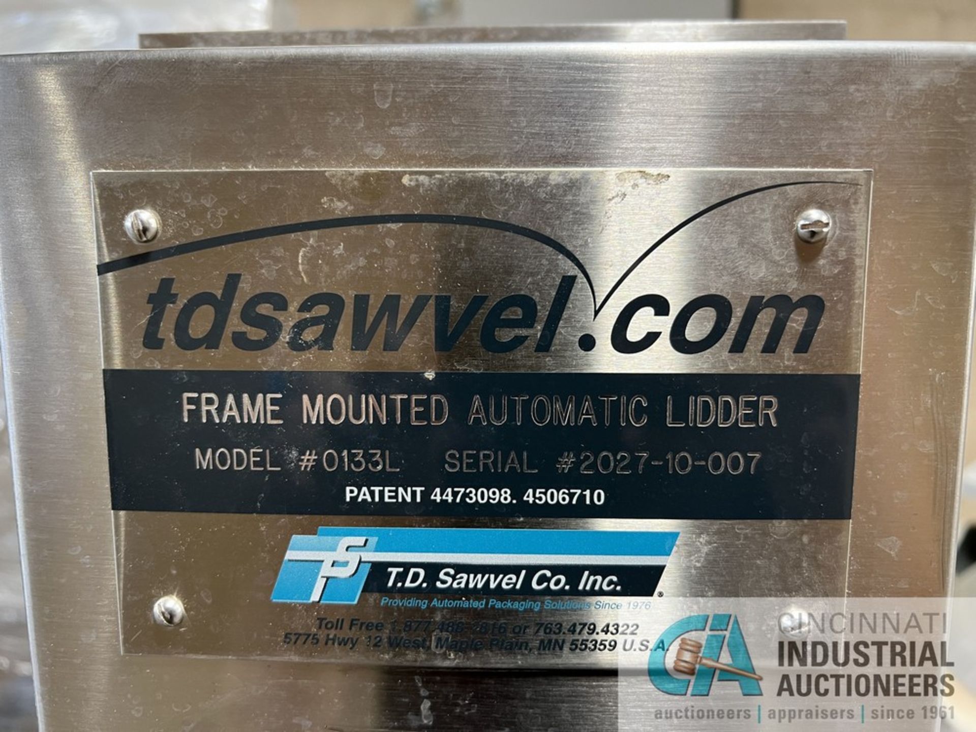 TDSAWVEL MODEL 0133L FRAME MOUNTED AUTOMATIC LIDDER; S/N 2027-10-007, PINT LID & APPLICATOR - Image 4 of 9