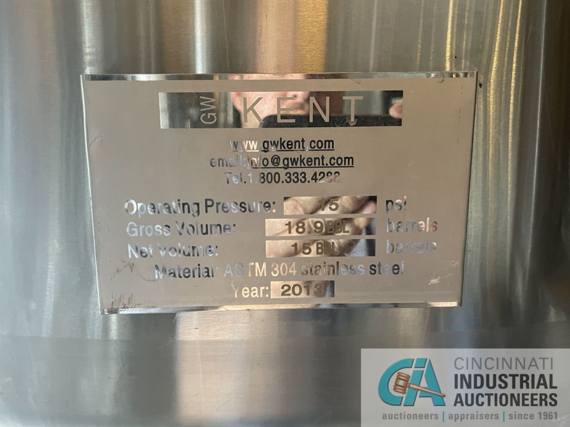 GW KENT 15-BARREL UNI-TANK CONE BOTTOM JACKETED STAINLESS-STEEL TANK; TANK NET PL-1 DIGITAL CONTROL, - Image 5 of 6