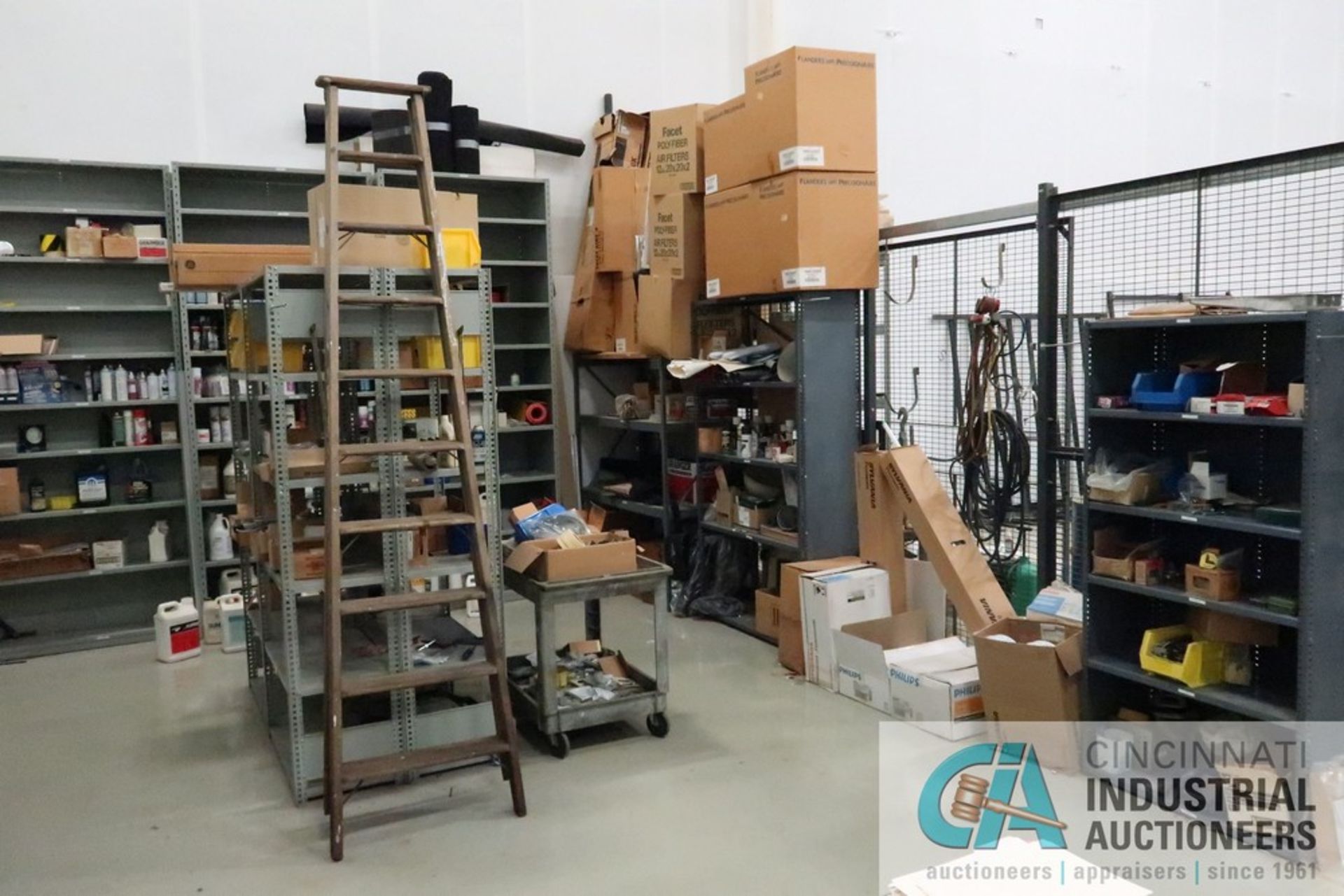 CONTENTS OF MAINTENANCE CRIB INCLUDING BENCHES, CABINETS, SHELVING WITH HARDWARE, LIGHTING,