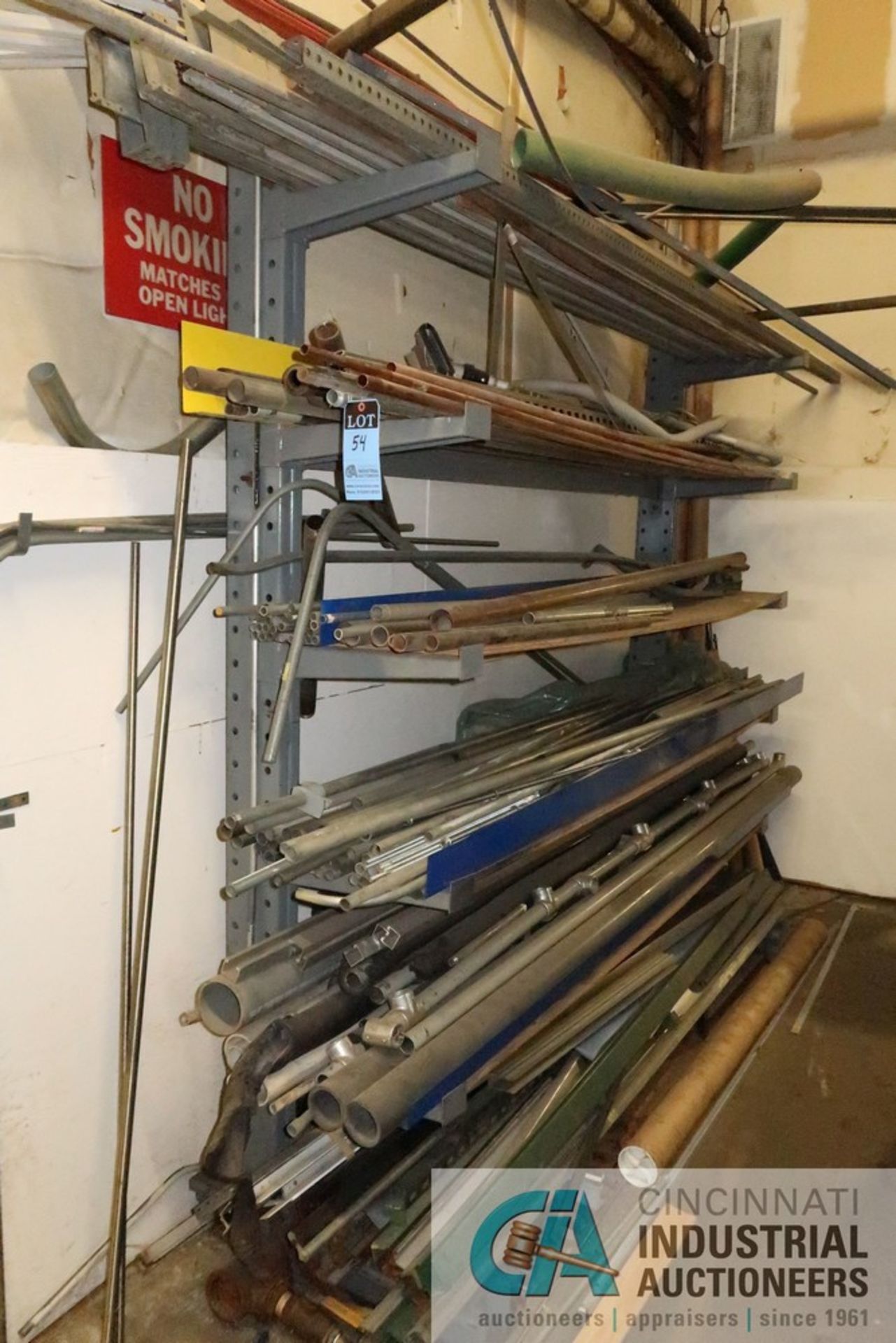 100" LONG X 18" ARM X 96" HIGH CANTILEVER RACK WITH CONTENTS, ALUMINUM, STEEL AND PVC PIPE