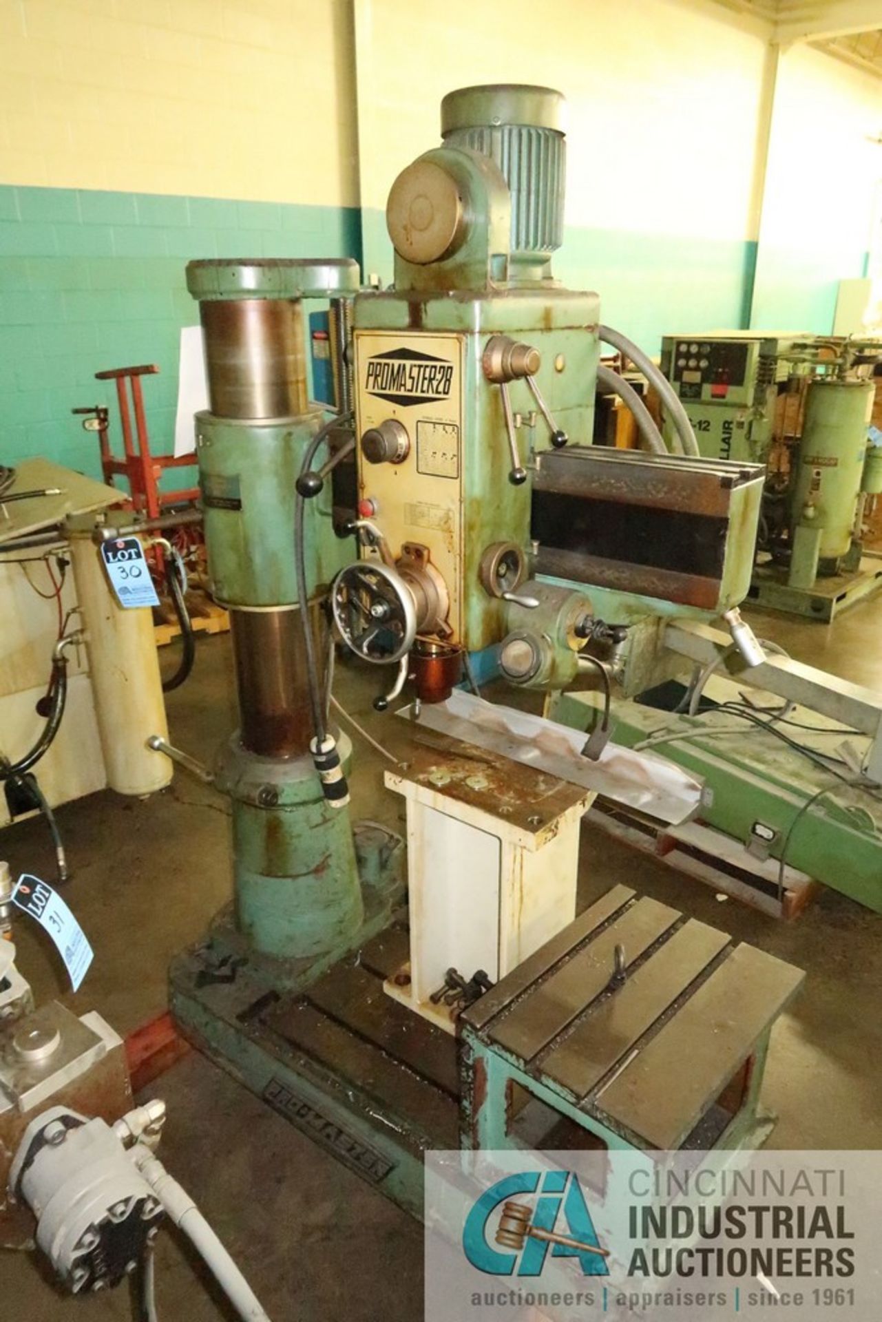 3' ARM X 8" COLUMN PROMASTER MODEL PRO 28 RADIAL ARM DRILL PRESS; S/N 7361, SPINDLE SPEED 88-1,500